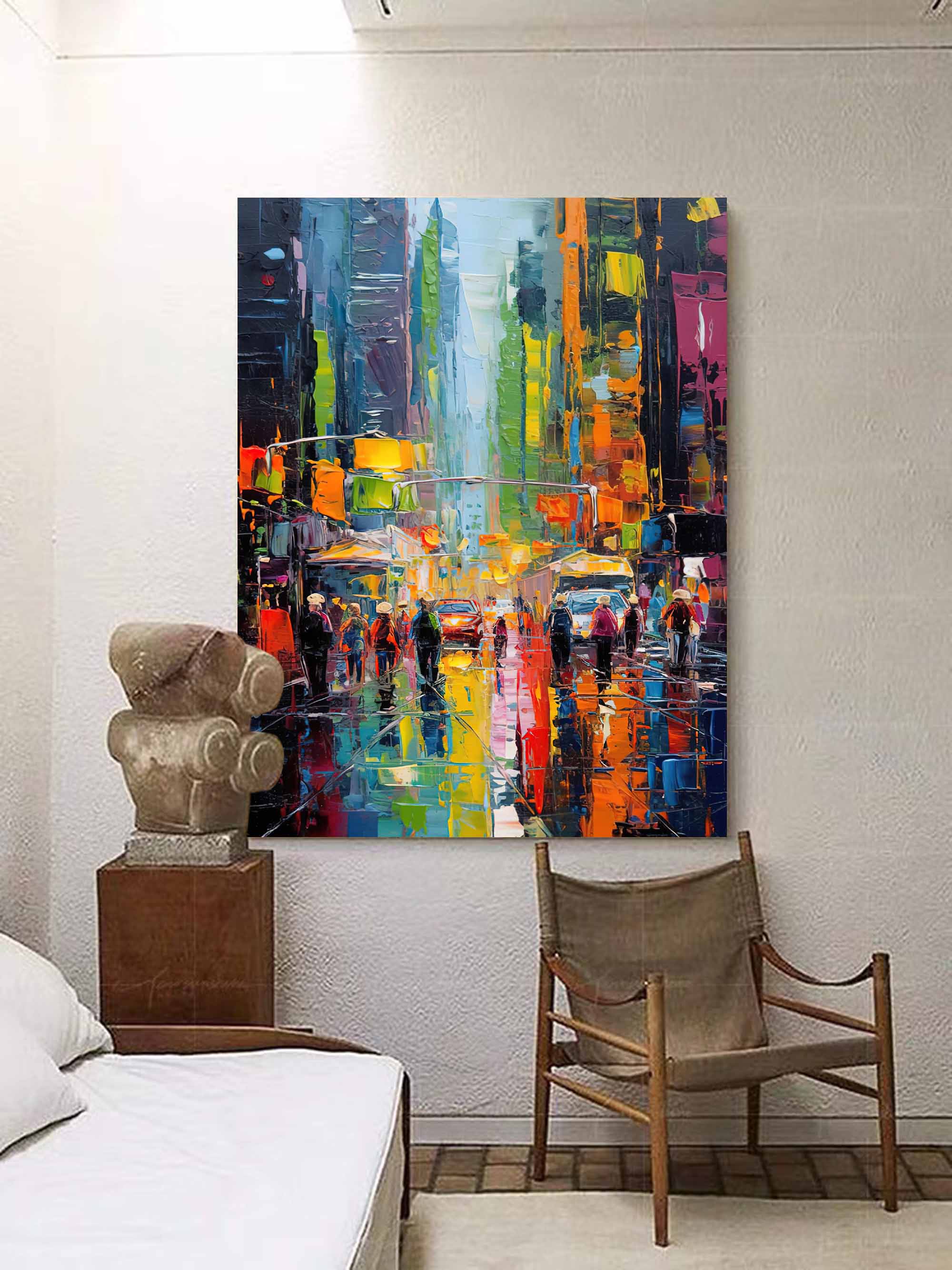 Rainy City Night Lights Oil Painting