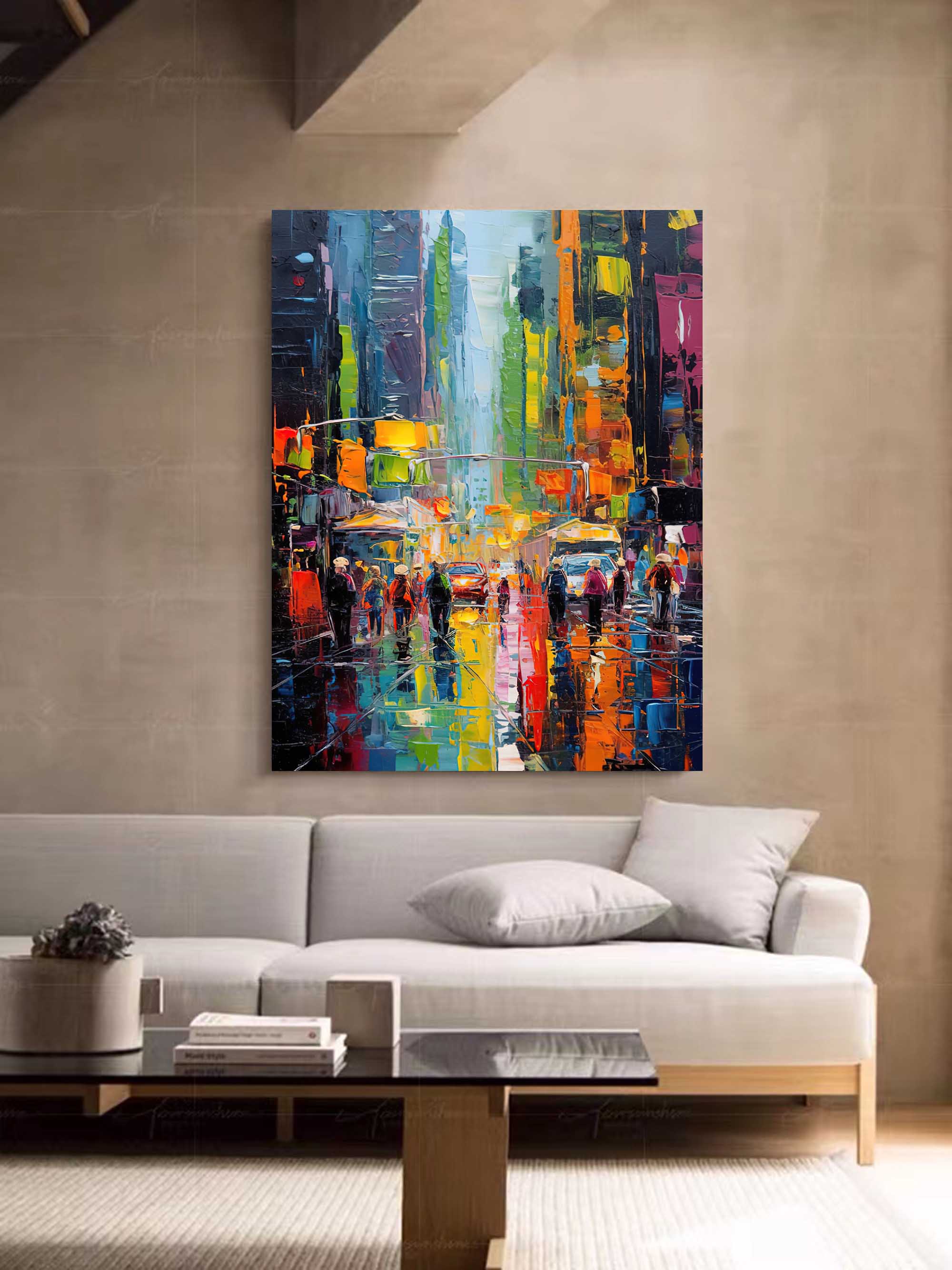 Rainy City Night Lights Oil Painting