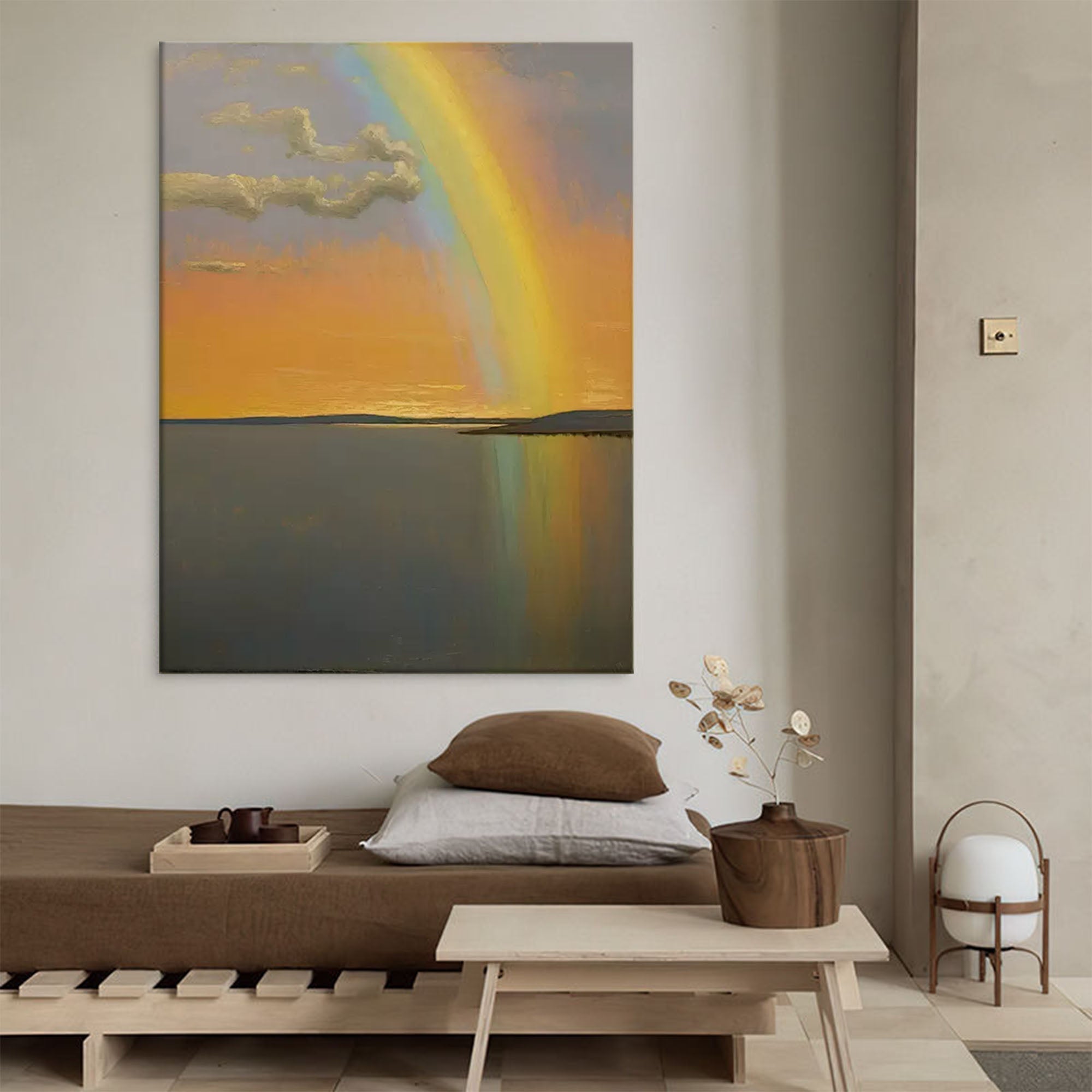 Sunset Rainbow over Tranquil Waters – Serene Landscape Painting