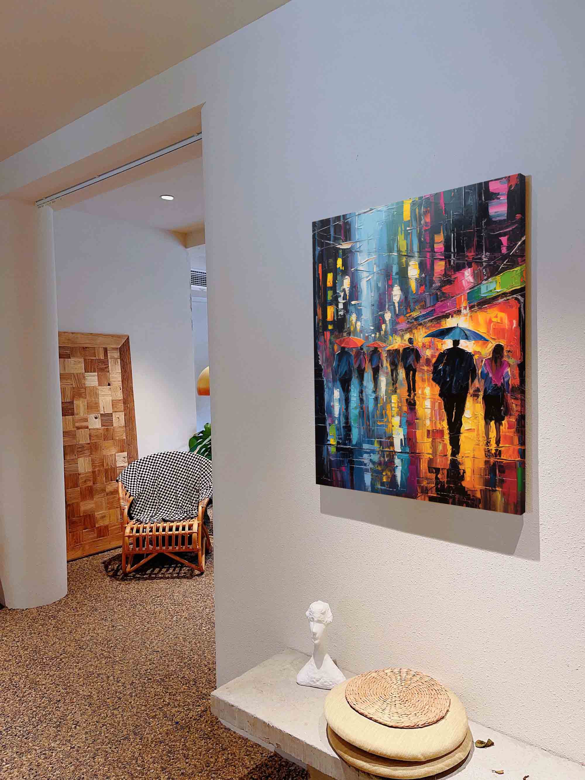 Rainy Night City Stroll Oil Painting