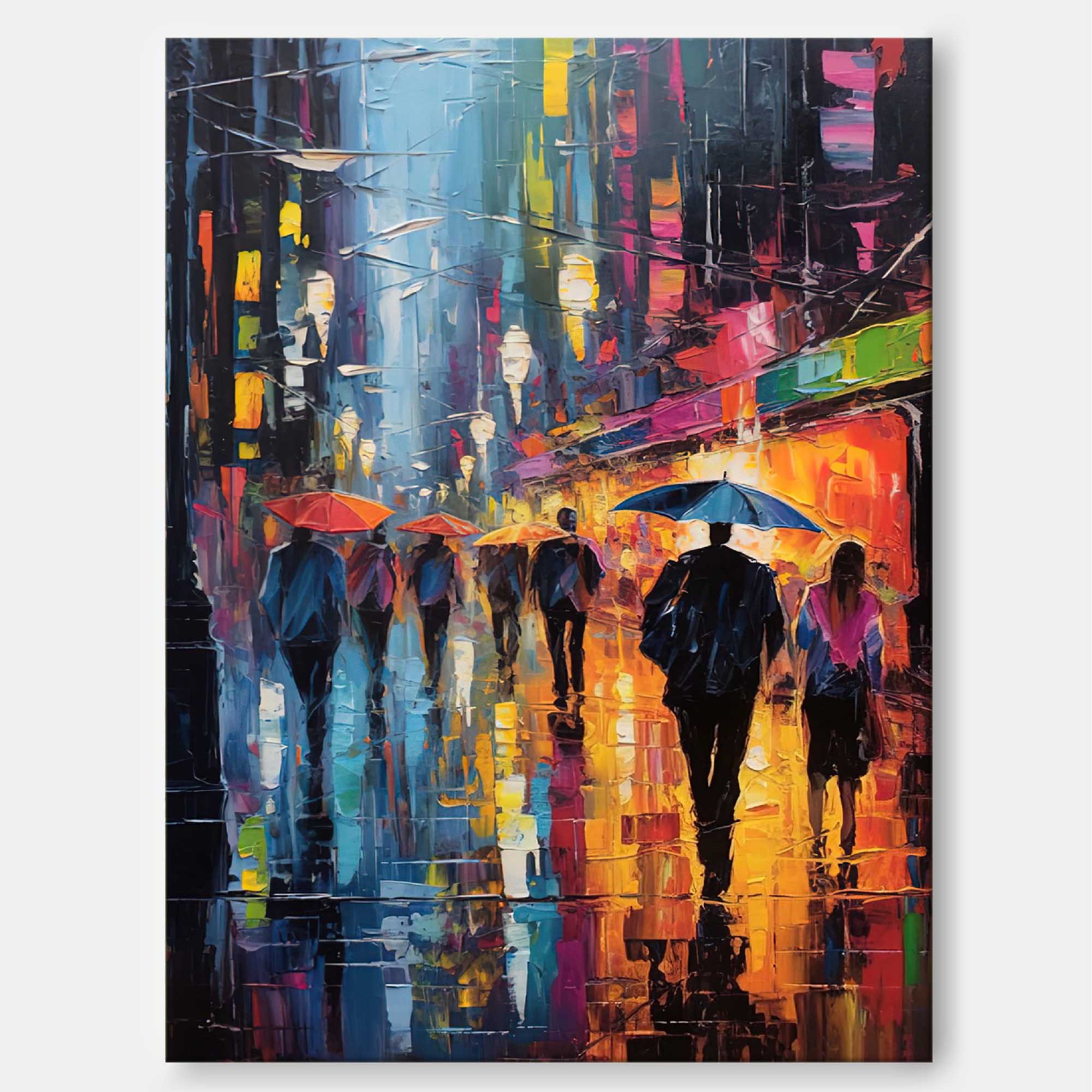 Rainy Night City Stroll Oil Painting
