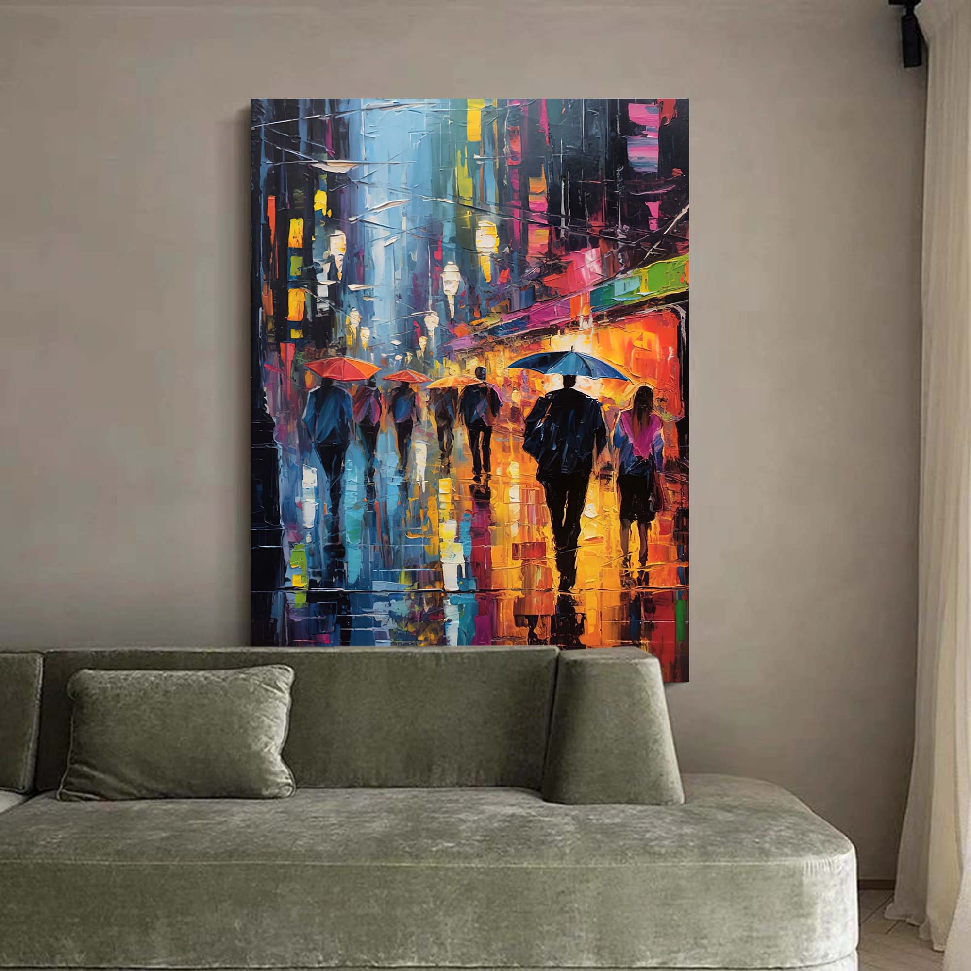 Rainy Night City Stroll Oil Painting