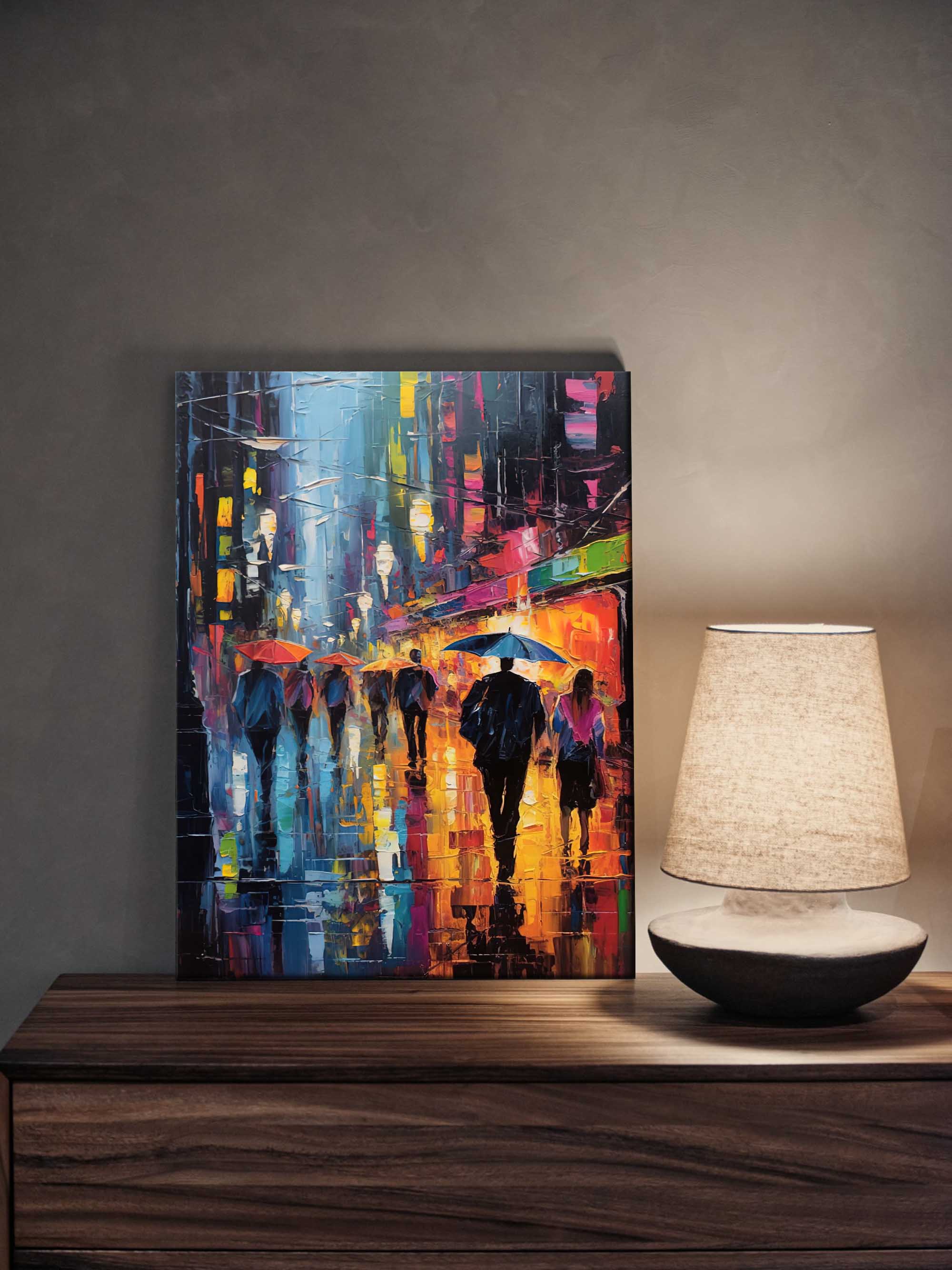 Rainy Night City Stroll Oil Painting