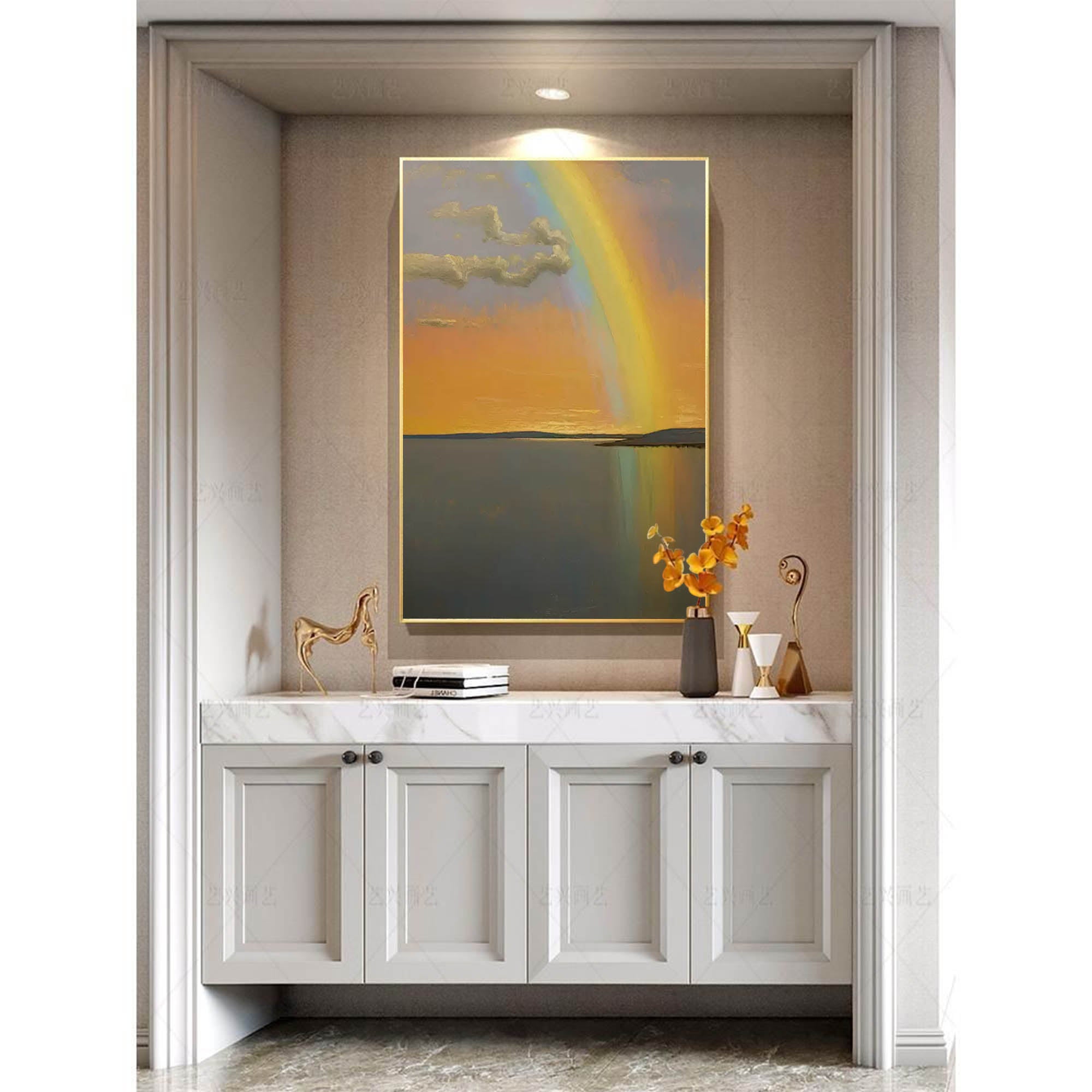 Sunset Rainbow over Tranquil Waters – Serene Landscape Painting