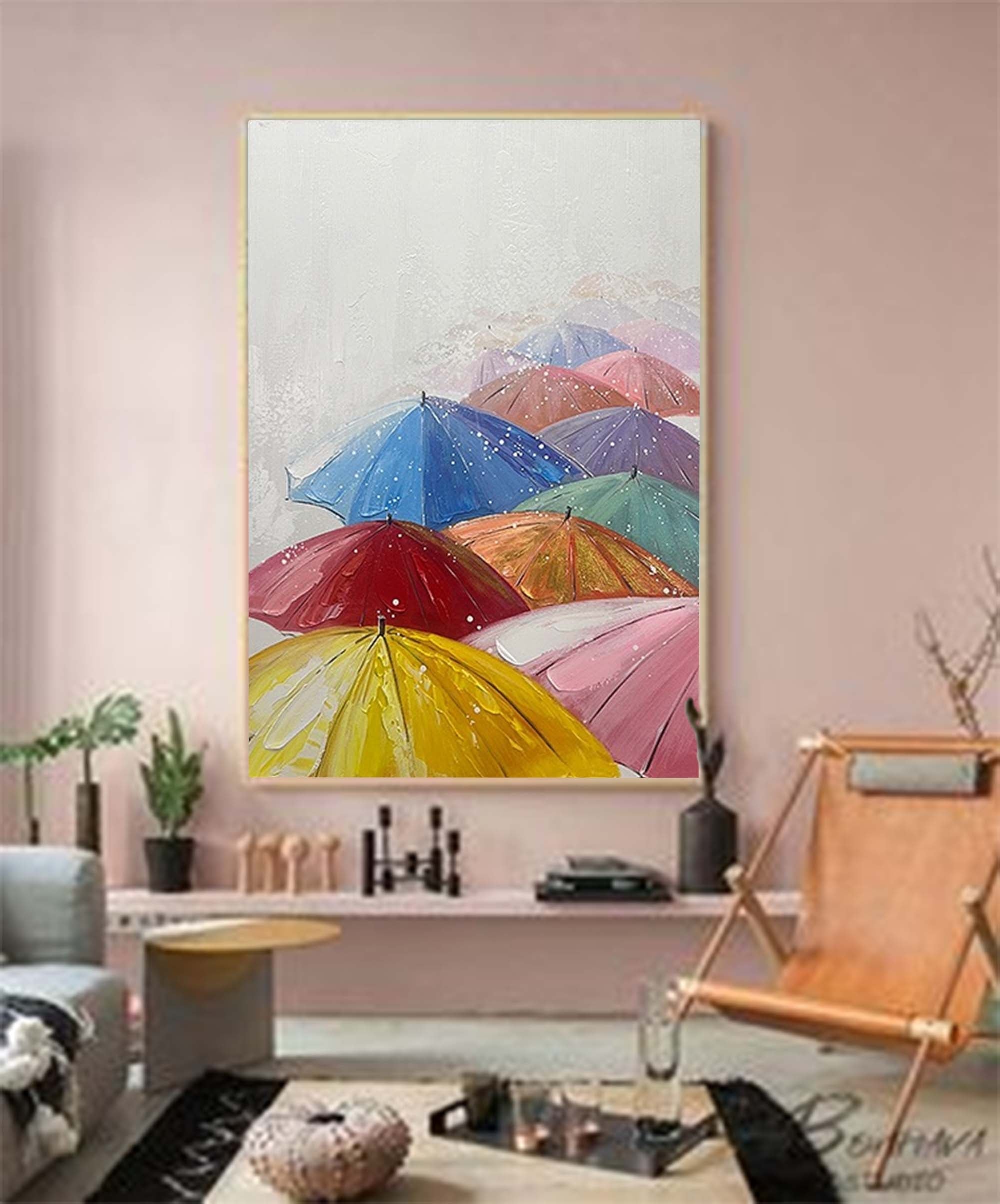 Colorful Umbrellas in the Rain Canvas Art