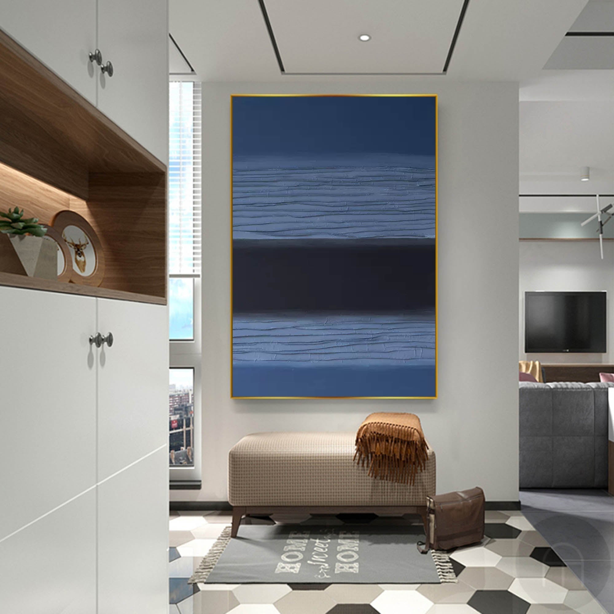 Modern Blue and Black Minimalist Oil Painting – Textured Abstract Art