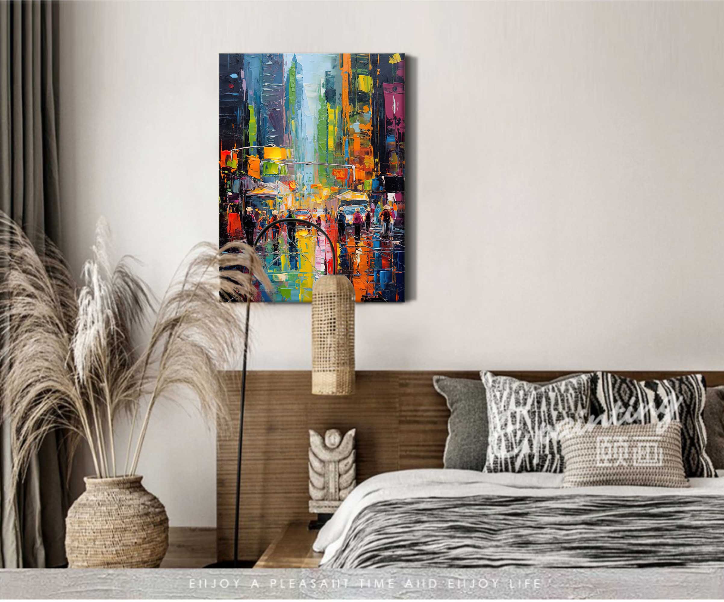 Rainy City Night Lights Oil Painting