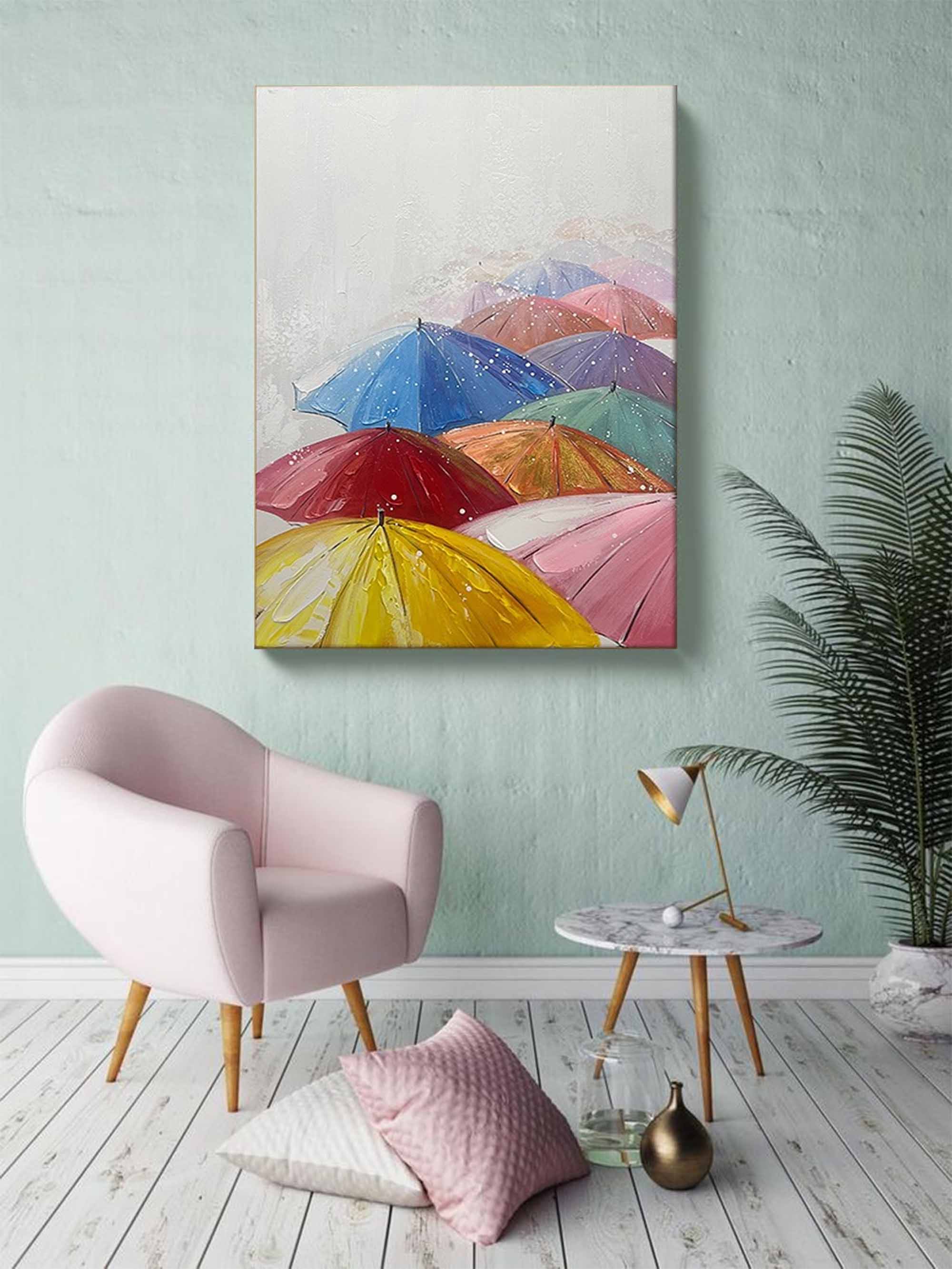 Colorful Umbrellas in the Rain Canvas Art