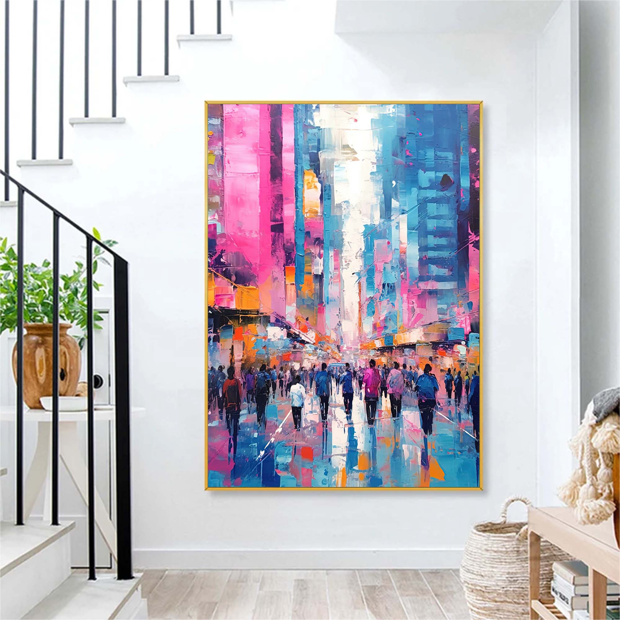 Vibrant Urban Crowd Abstract Oil Painting