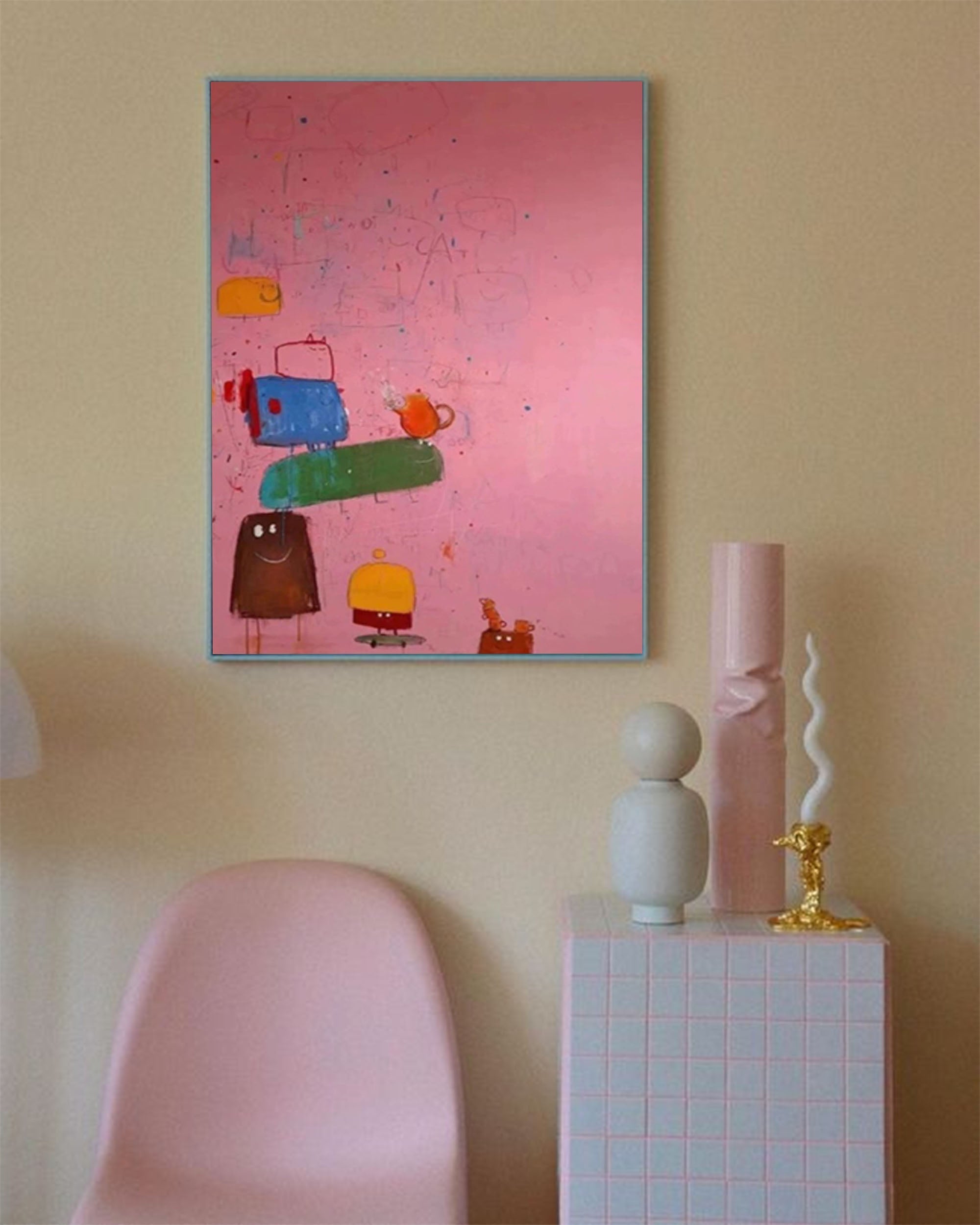 Playful Stacked Characters Pink Abstract Canvas Art