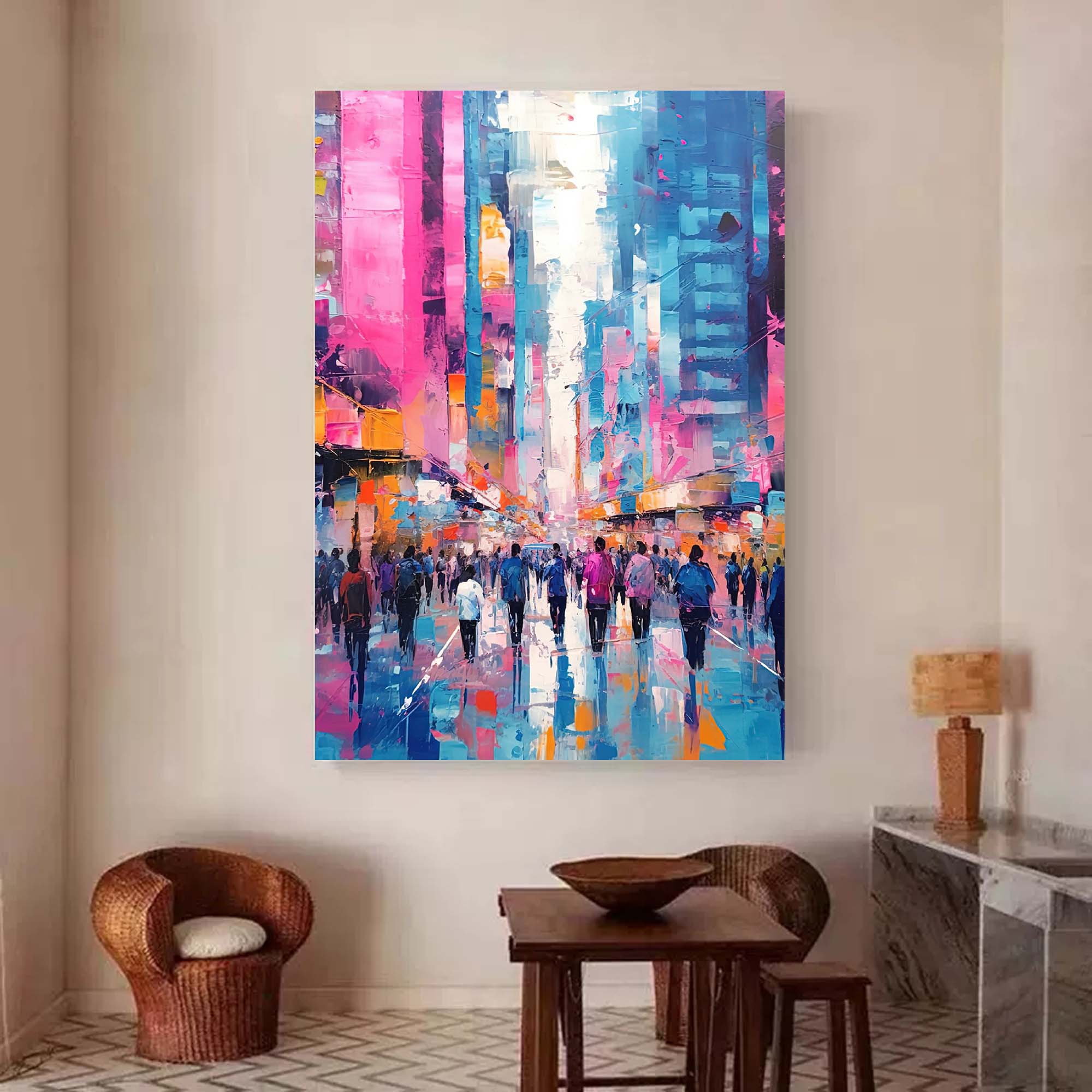 Vibrant Urban Crowd Abstract Oil Painting