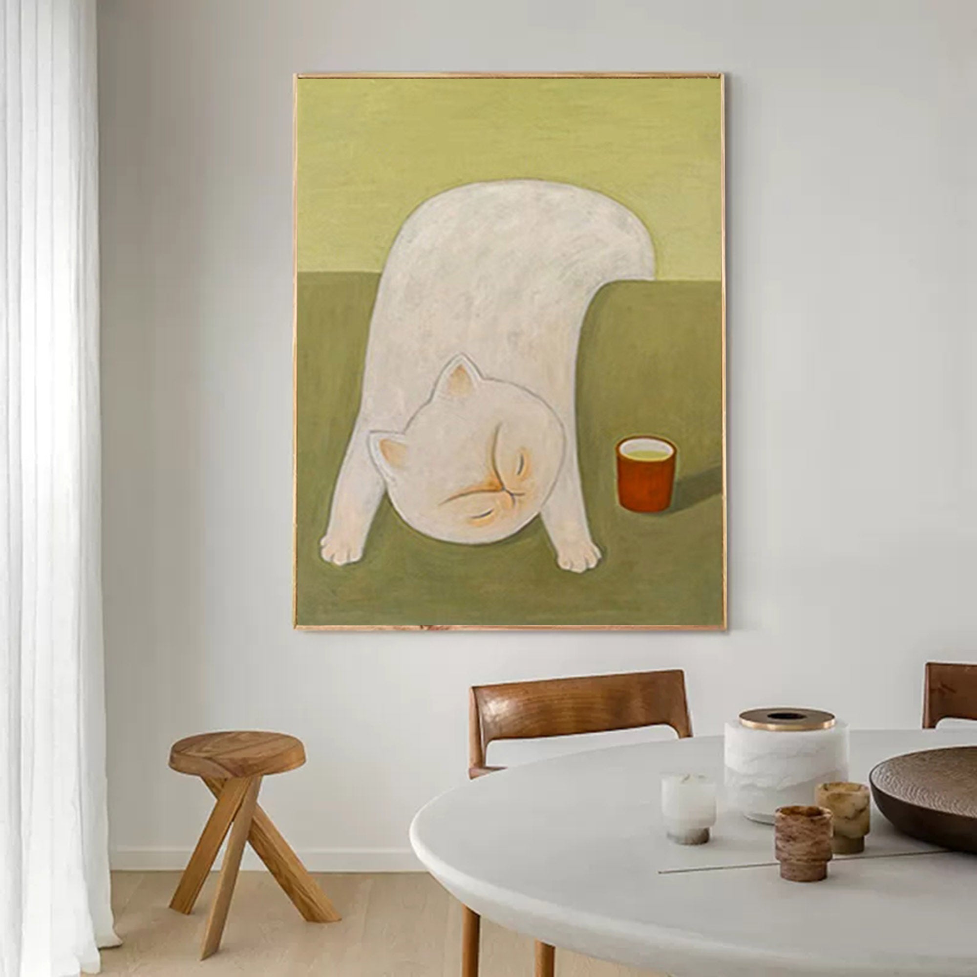 Playful White Cat with Tea Cup Canvas Art