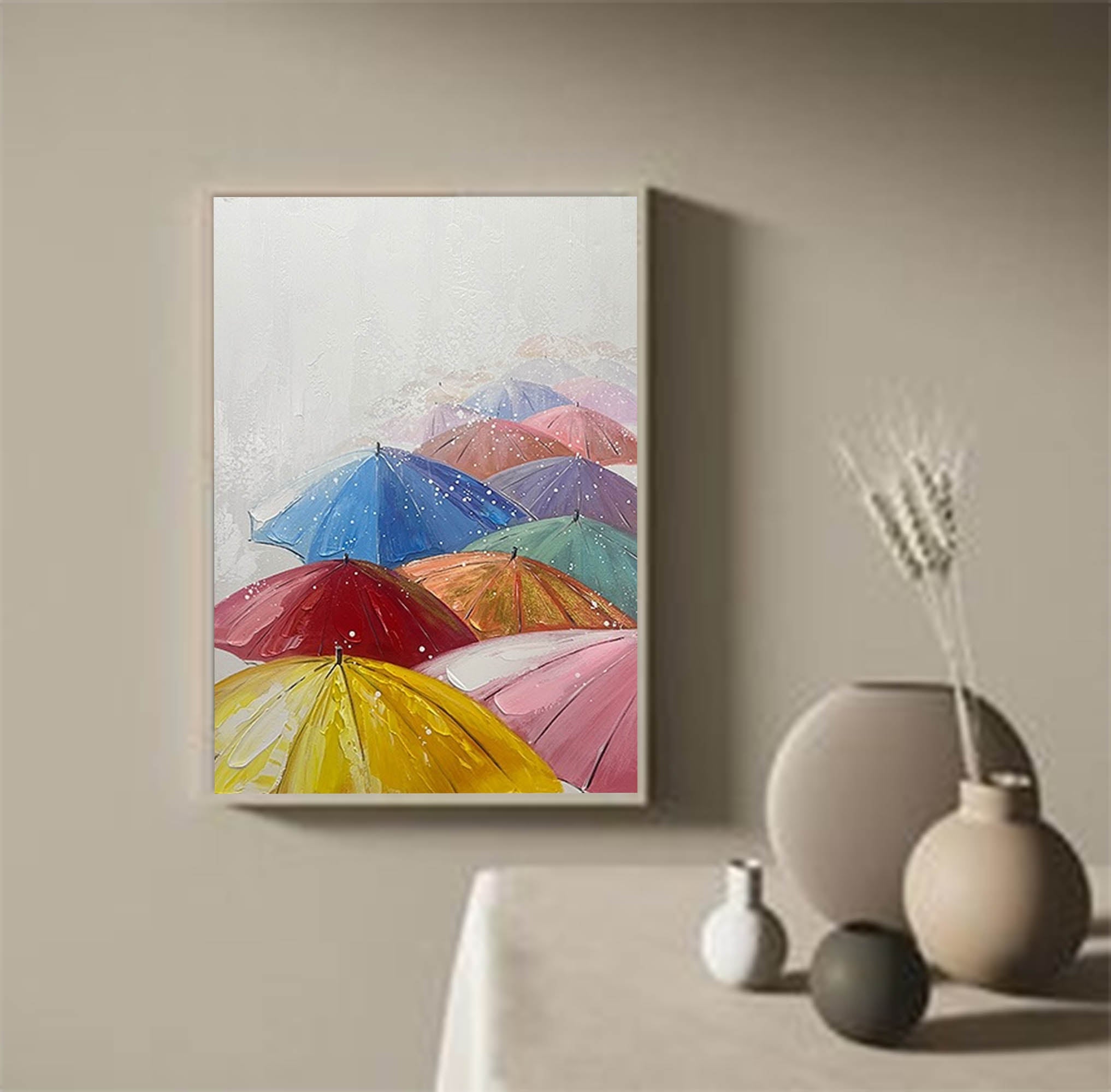Colorful Umbrellas in the Rain Canvas Art