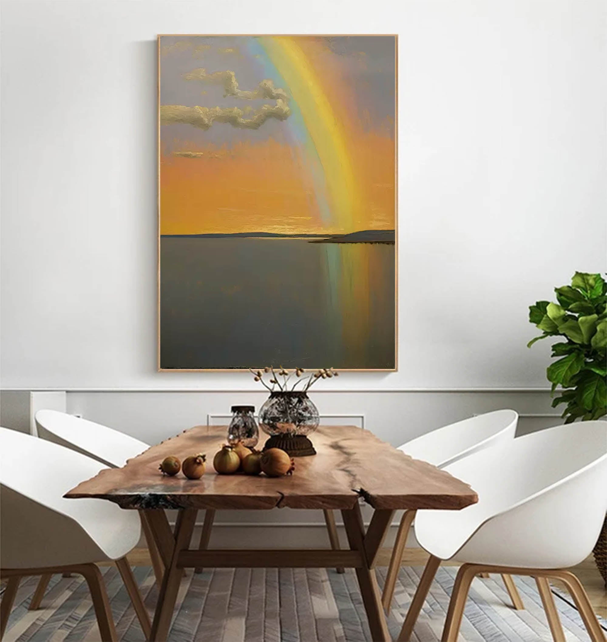 Sunset Rainbow over Tranquil Waters – Serene Landscape Painting
