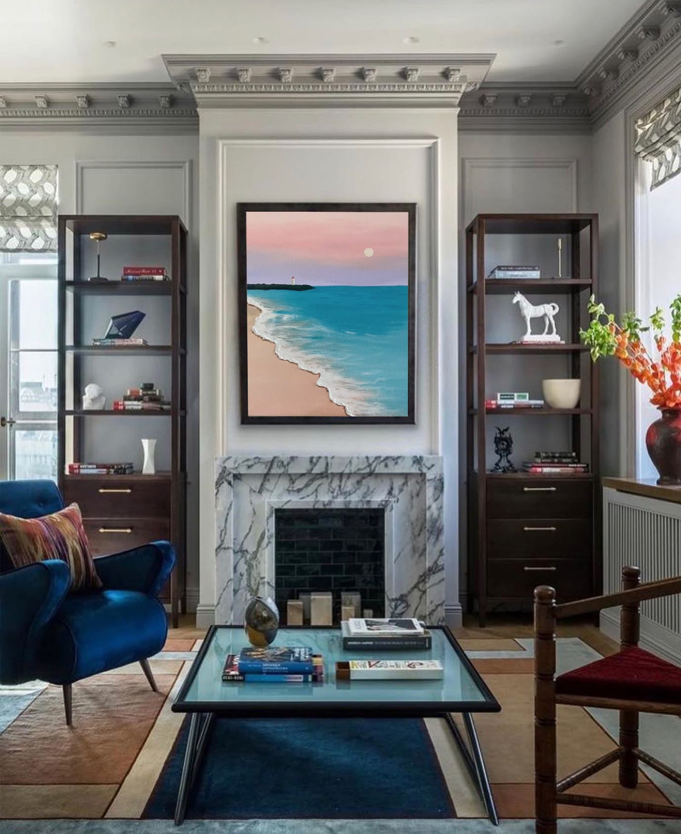 Serene Beach with Lighthouse Sunset