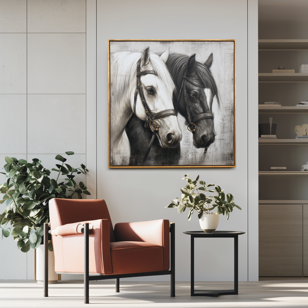 Black and White Horse Portrait Wall Art – Realistic Horse Canvas Painting