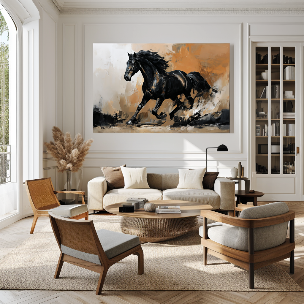 Black Running Horse Wall Art – Abstract Modern Horse Canvas Painting