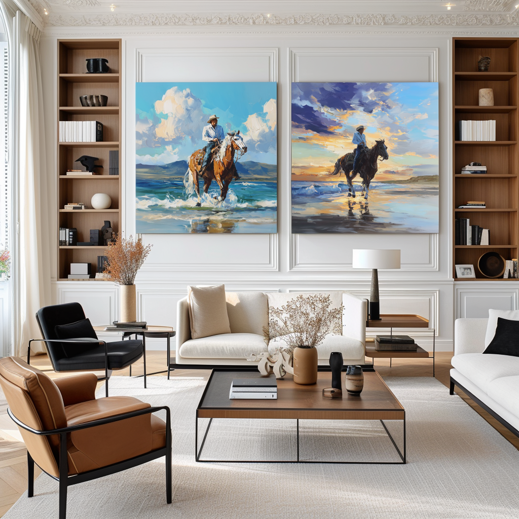 Cowboy Beach Horse Wall Art Set – Western Canvas Paintings for Home