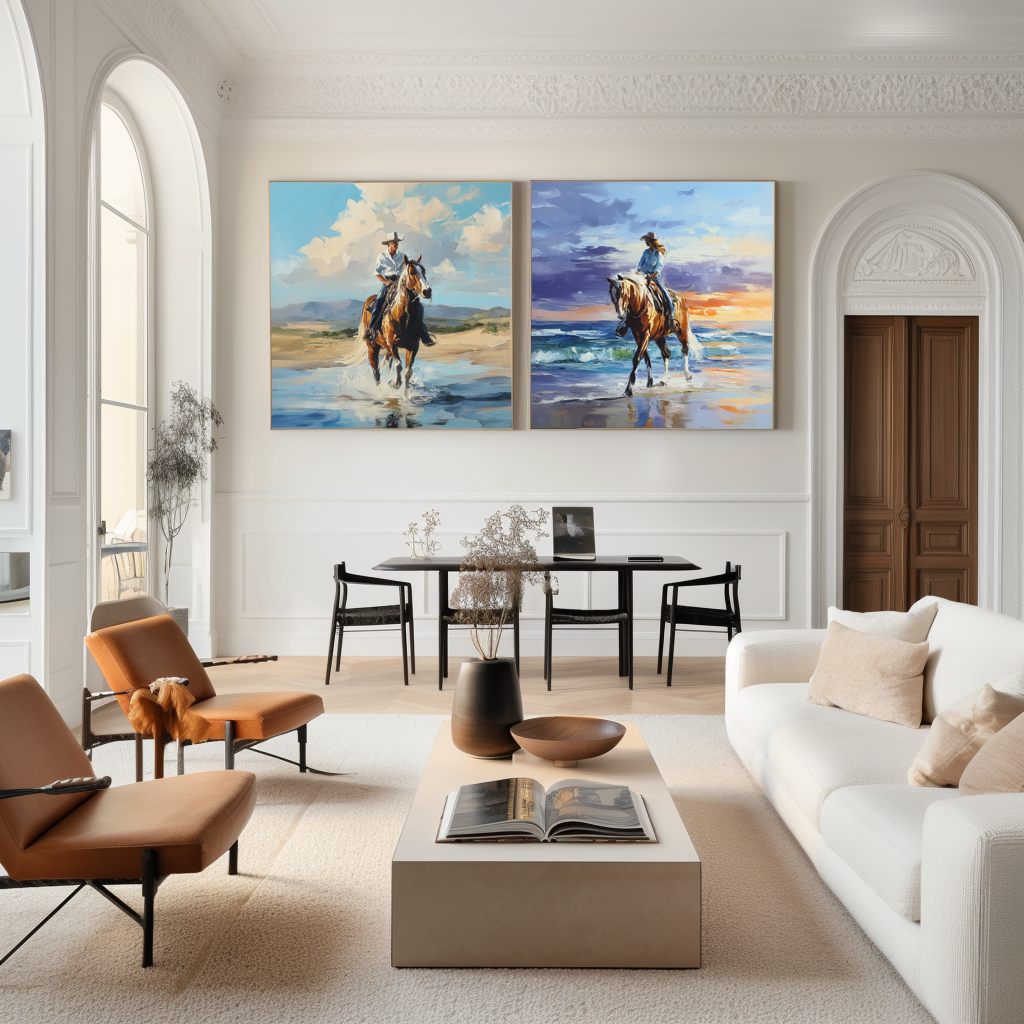 Western Beach Horse Riding Wall Art – Cowboy and Cowgirl Canvas Set