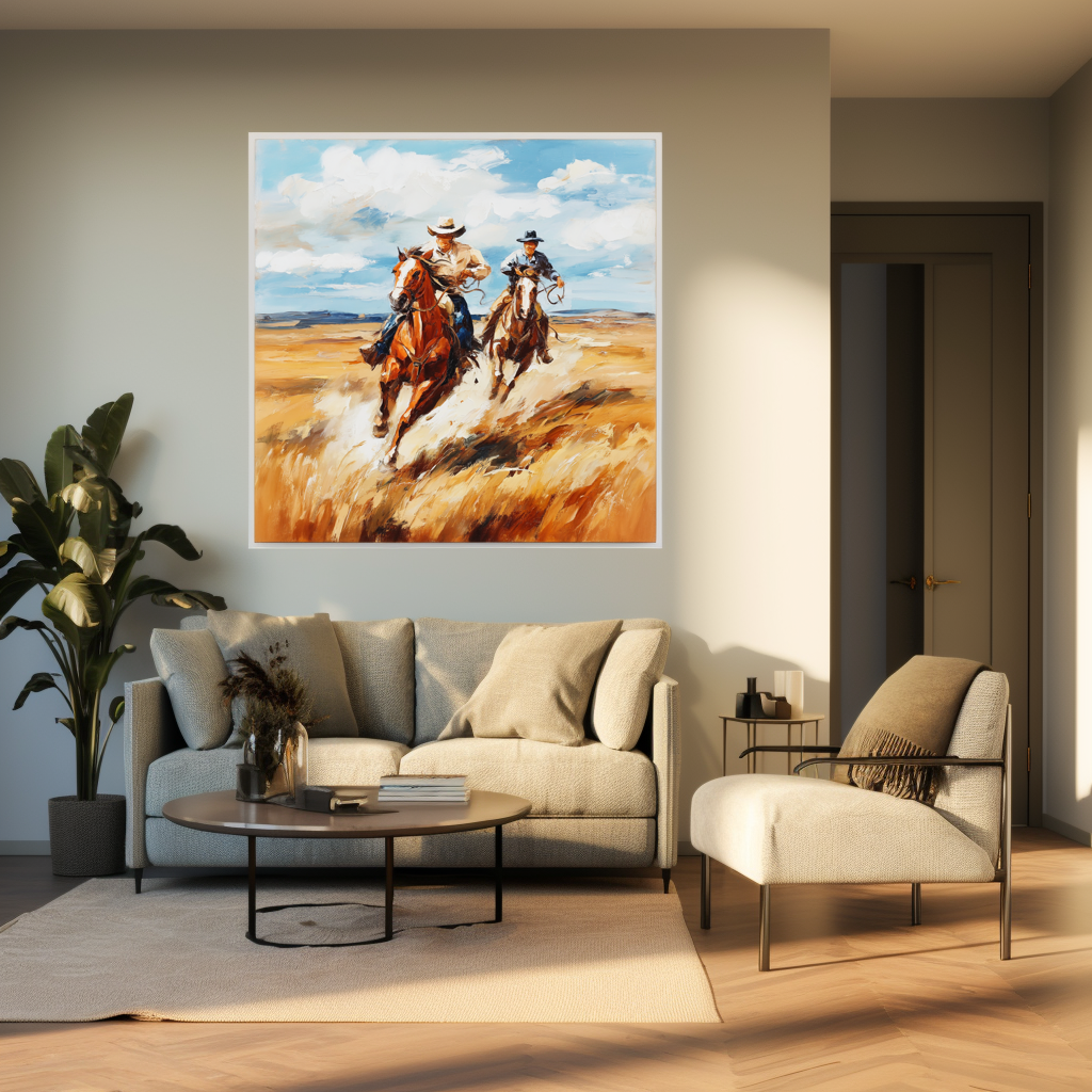 Western Cowboy Horse Chase Canvas – Rustic Horse Wall Art for Home