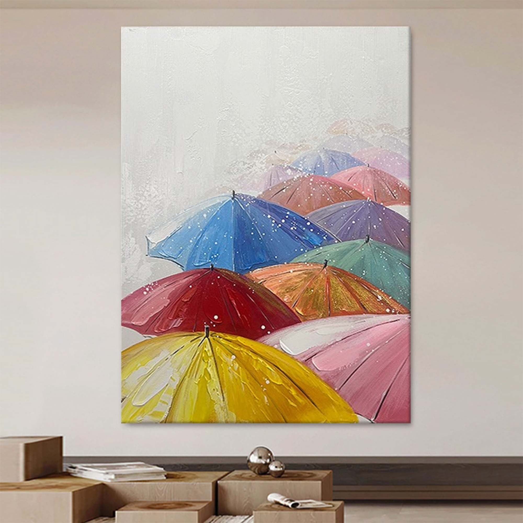 Colorful Umbrellas in the Rain Canvas Art