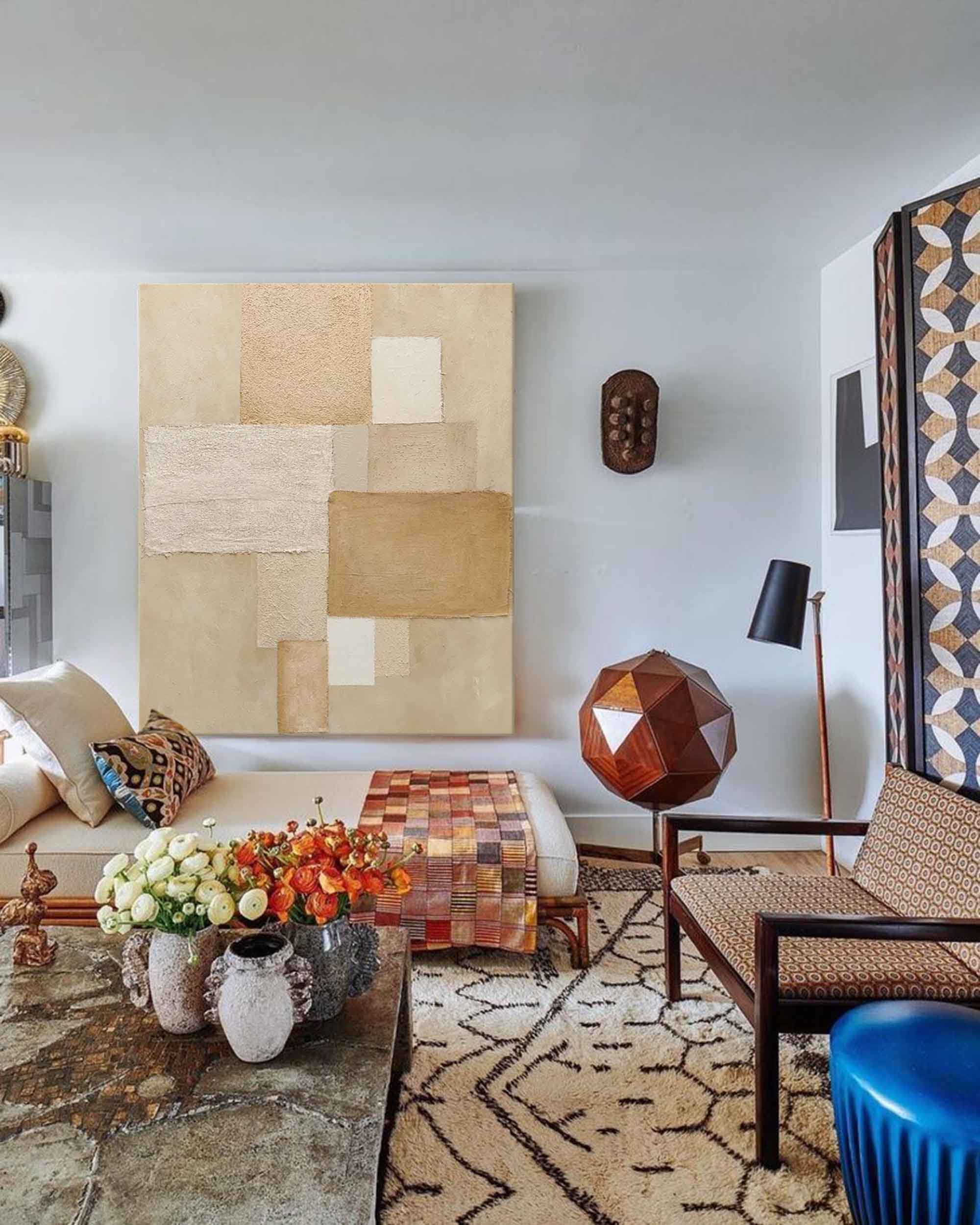 Neutral Geometric Abstract – Textured Beige & Cream Oil Painting on Canvas