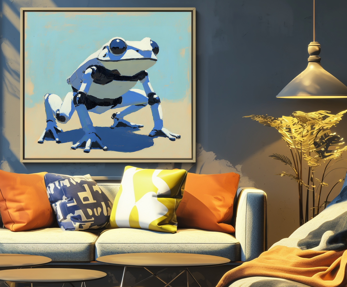 RoboFrog: Futuristic Art-Blue-White Robotic Frog Canvas Art - Contemporary Oil Painting, Unique Cyberpunk Wall Decor for Art Enthusiasts
