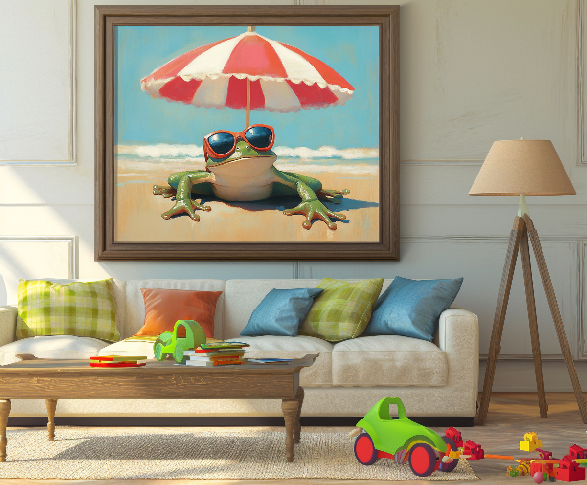 Chill Frog: Funny Frog on Beach with Sunglasses & Striped Umbrella - Whimsical Coastal Oil Painting, Playful Wall Art for Living Room & Beach-Themed Spaces