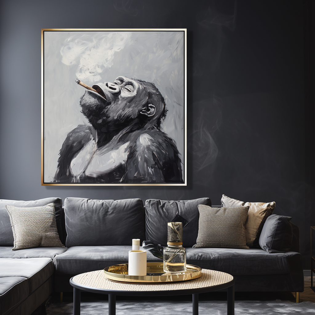 Smoky Reflection - Monochromatic Abstract Gorilla Oil Painting for Modern Interiors