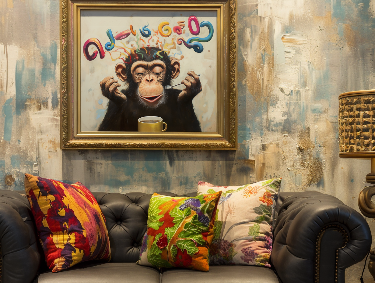 Caffeine Muse : Whimsical Monkey Drinking Coffee with Colorful Abstract Letters - Playful Oil Painting, Unique Wall Decor for Modern Living Spaces