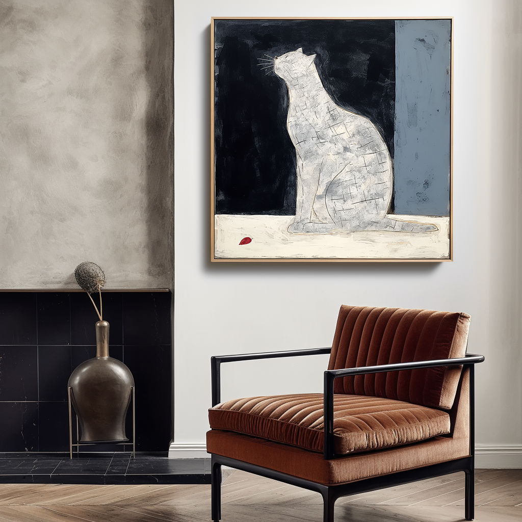 Moonlit Whispers-Unique Wabi-Sabi White Cat Painting - Home Decor Wall Art
