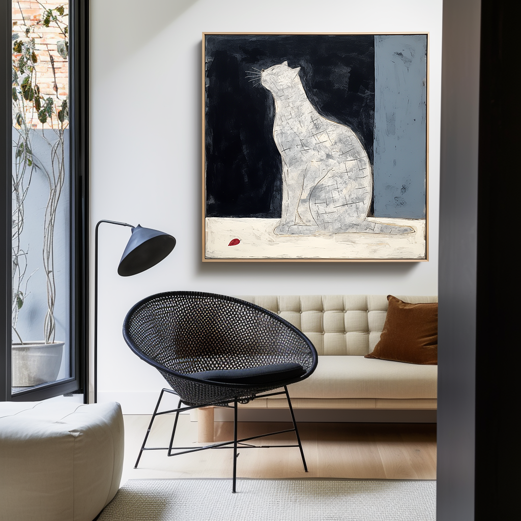Moonlit Whispers-Unique Wabi-Sabi White Cat Painting - Home Decor Wall Art