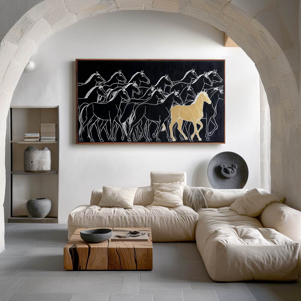 Golden Stride – Modern Minimalist Horse Painting Black and Gold Wall Art