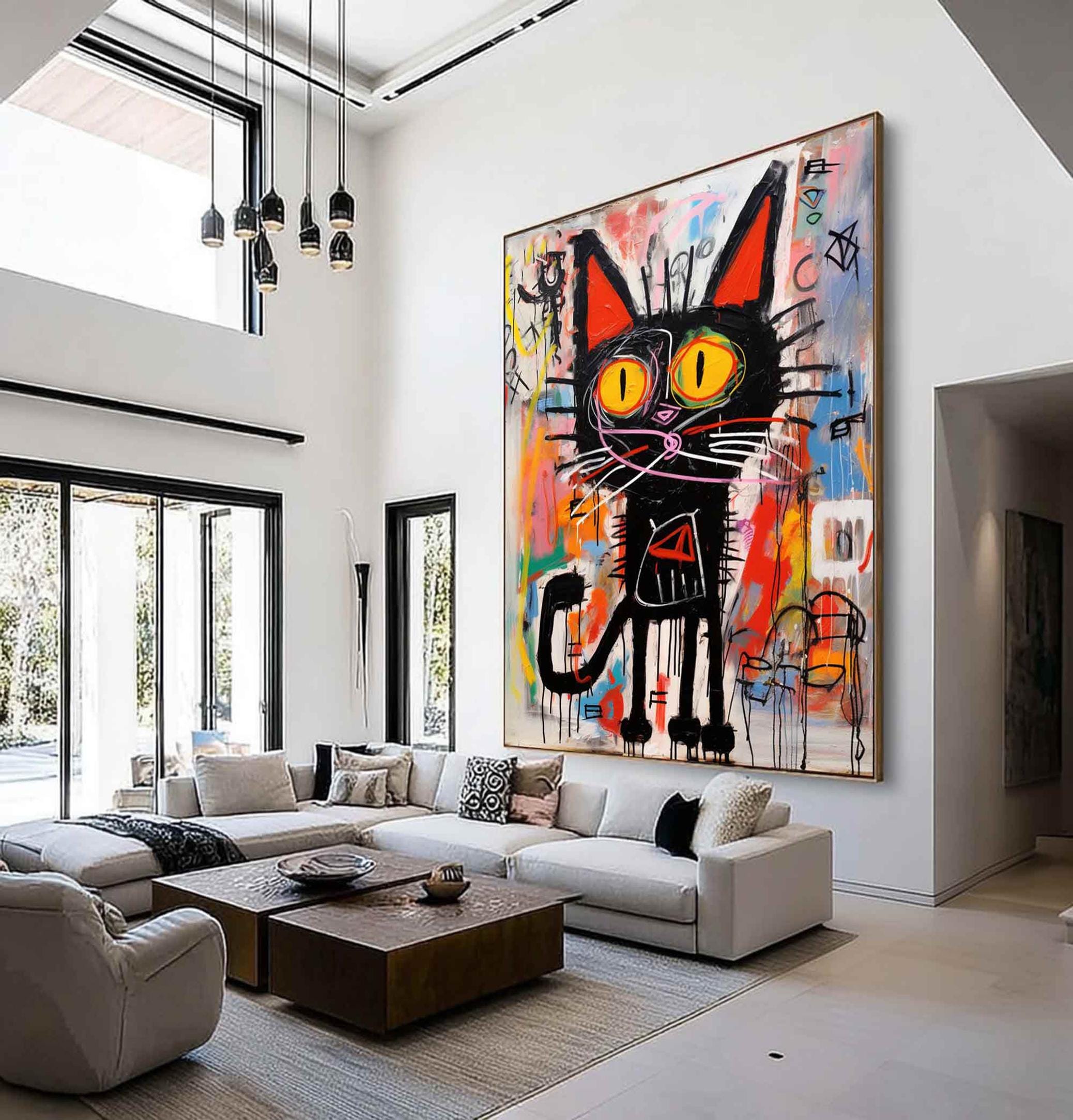 Neon Feline – Vibrant Graffiti Art Black Cat Wall Decor, Street Style Modern Art