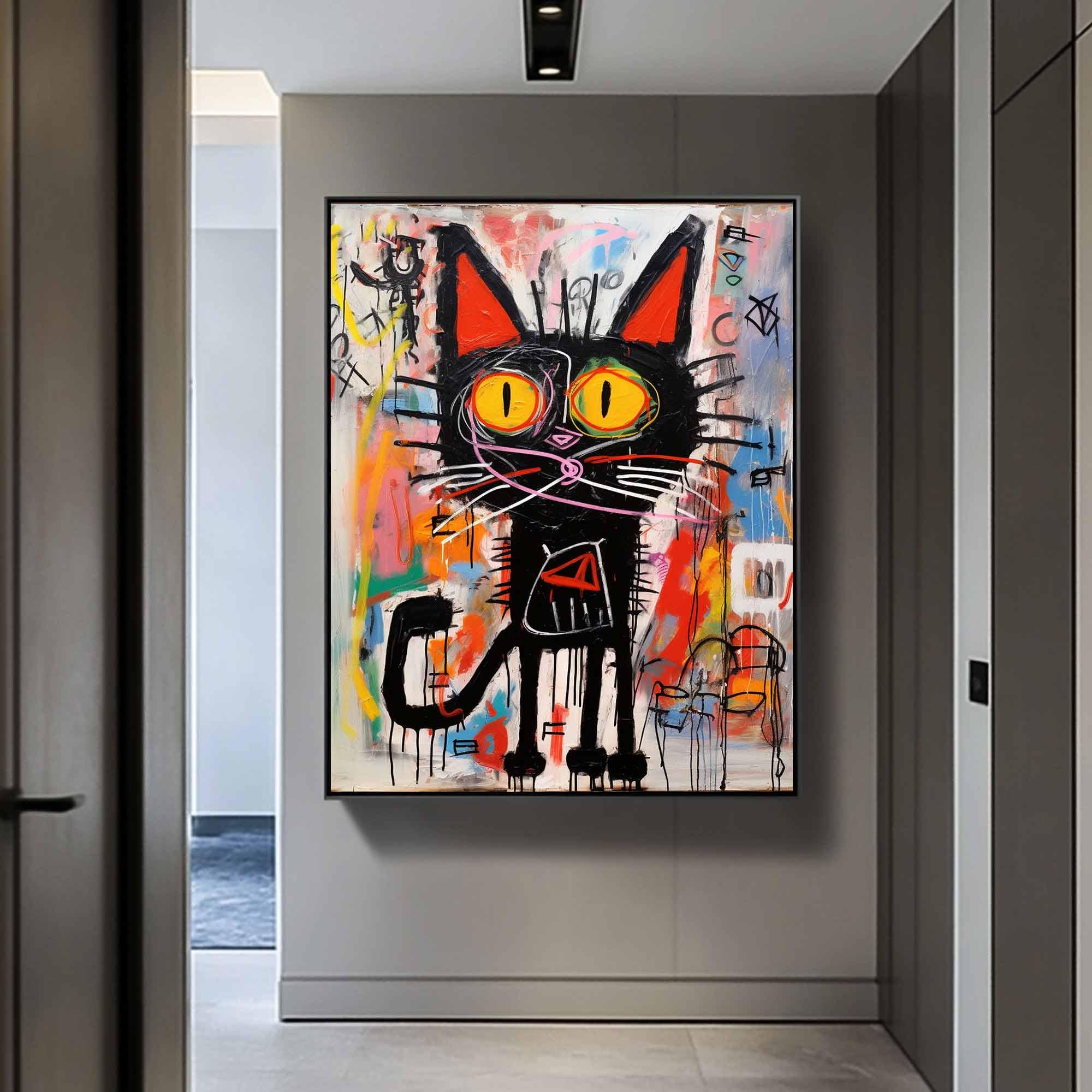 Neon Feline – Vibrant Graffiti Art Black Cat Wall Decor, Street Style Modern Art