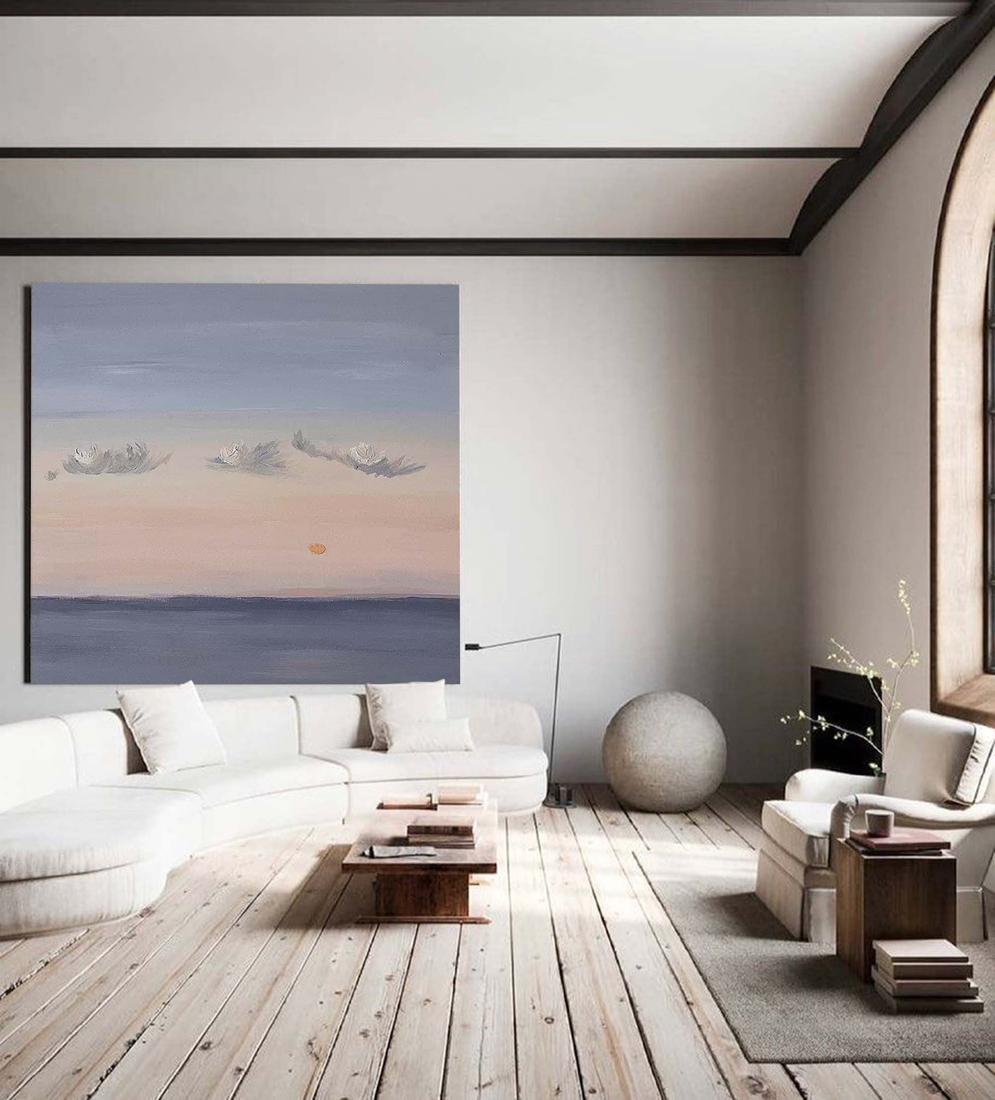 Calm Horizon Sunset Painting – Dreamy Sky and Sea Wall Art