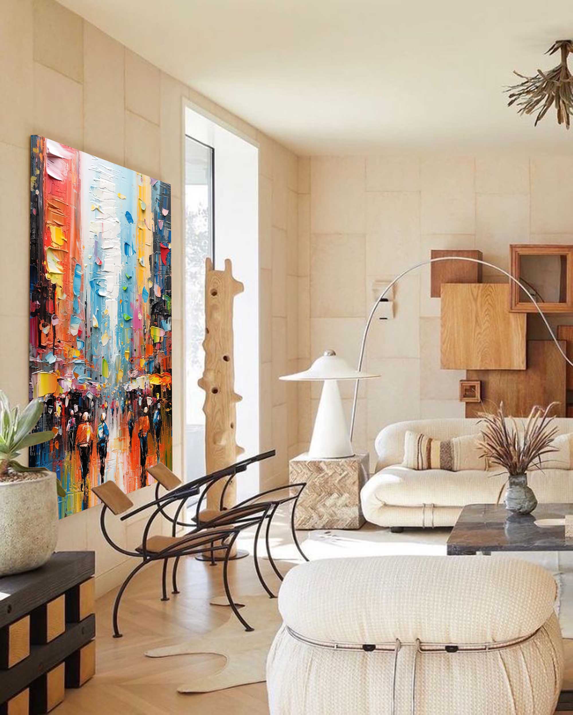 Abstract Vibrant City Rain Oil Painting