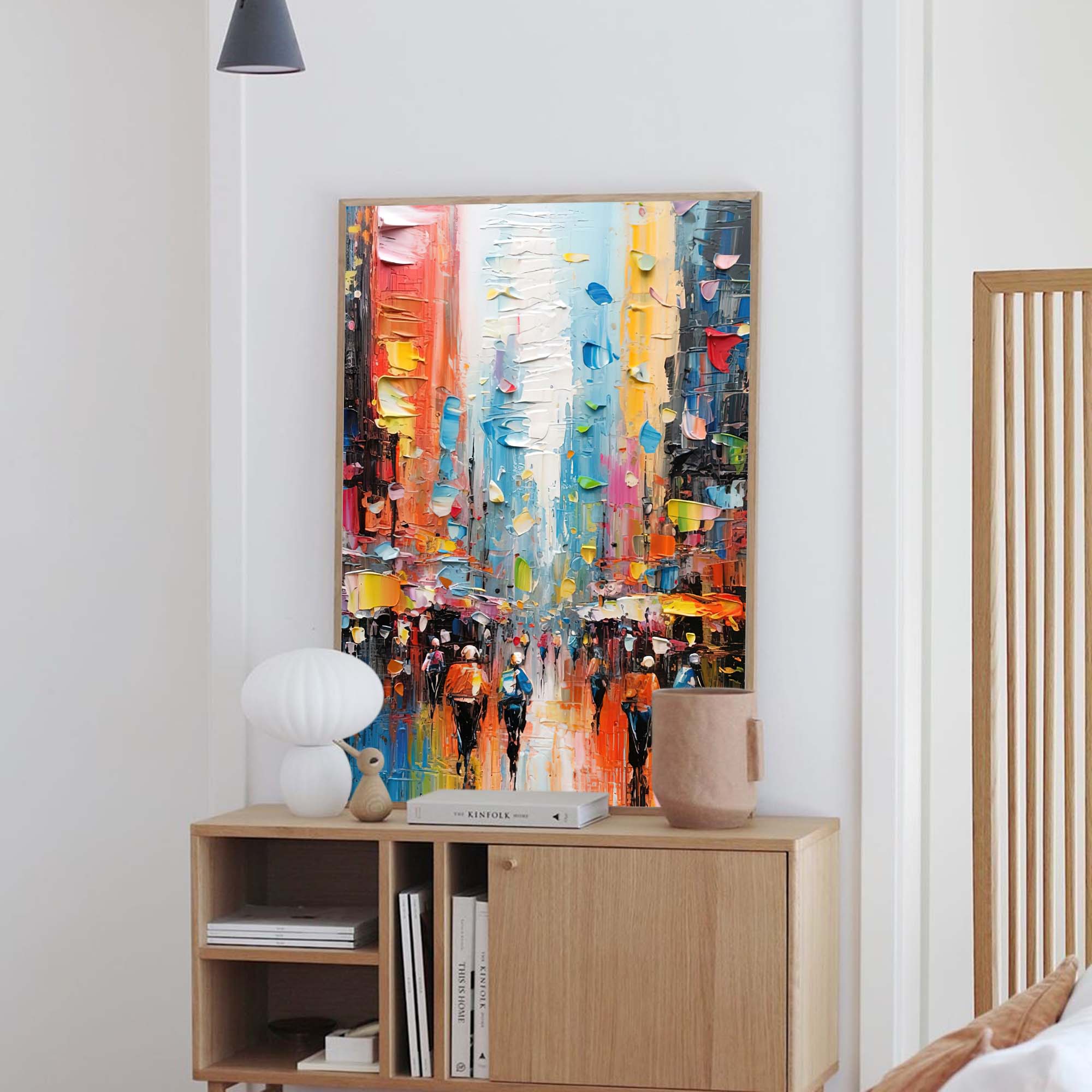 Abstract Vibrant City Rain Oil Painting