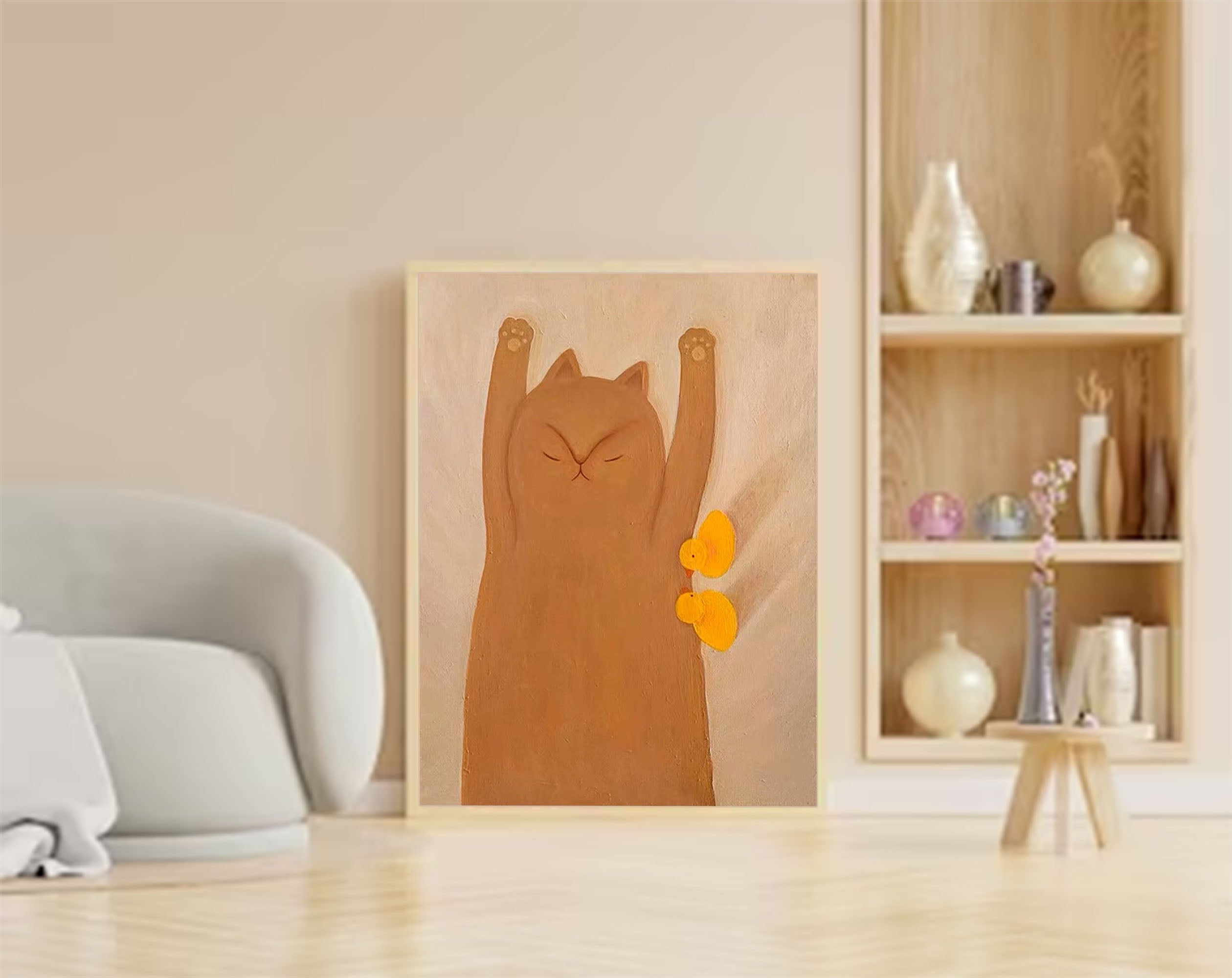 Adorable Cat and Ducks Minimalist Canvas Art