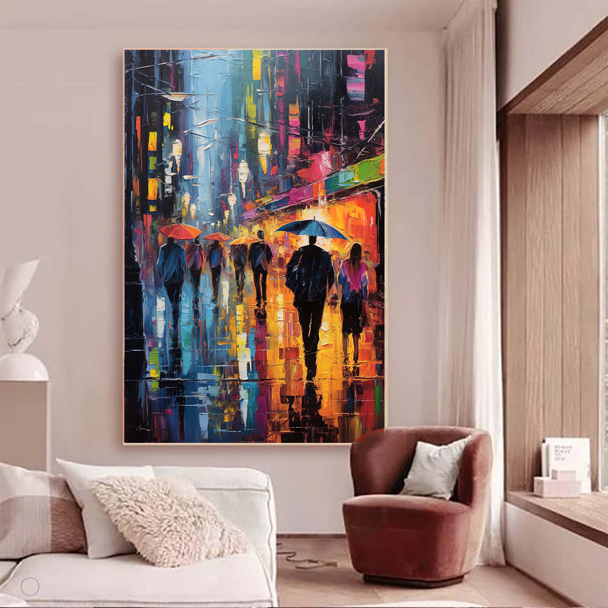 Rainy Night City Stroll Oil Painting