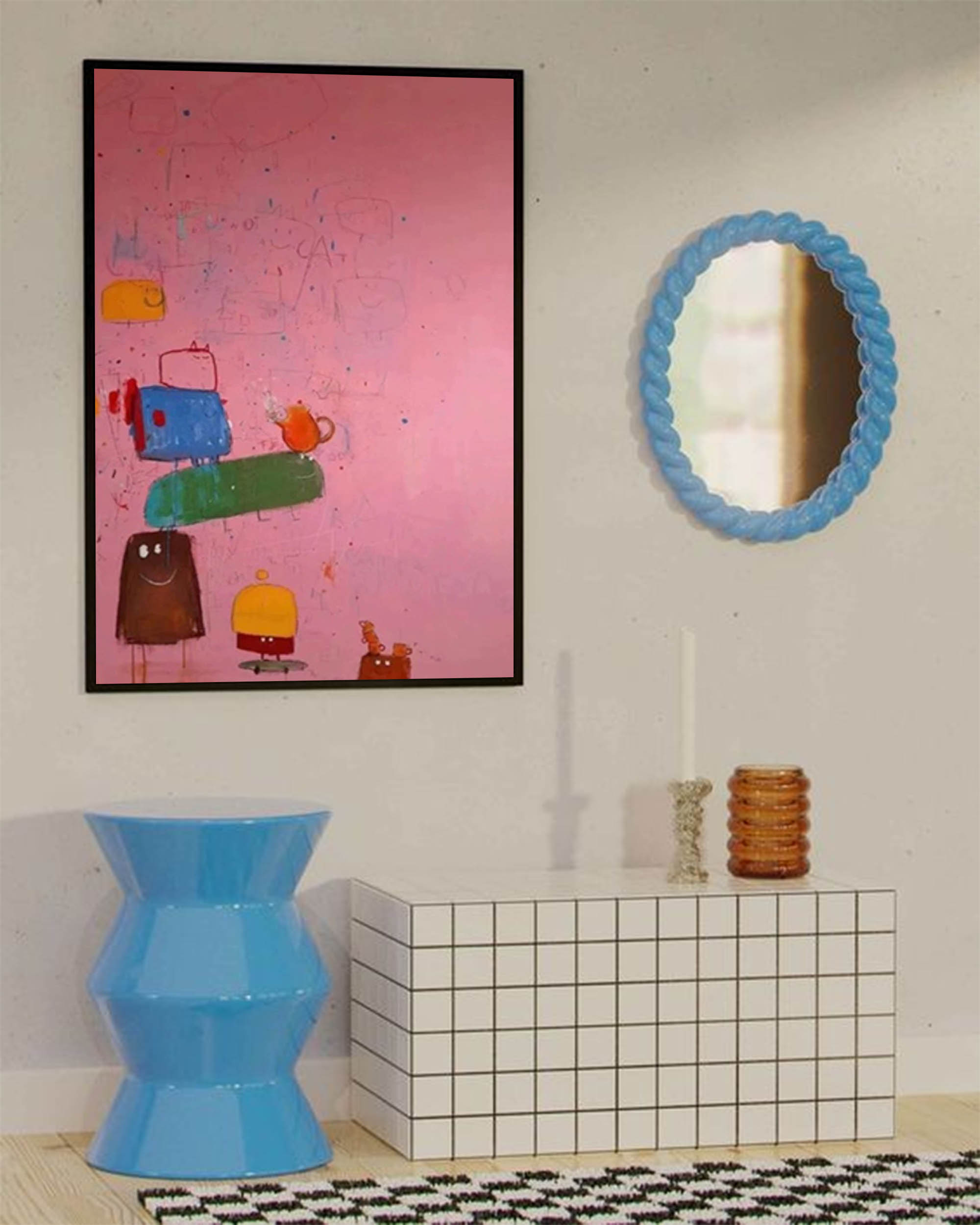 Playful Stacked Characters Pink Abstract Canvas Art