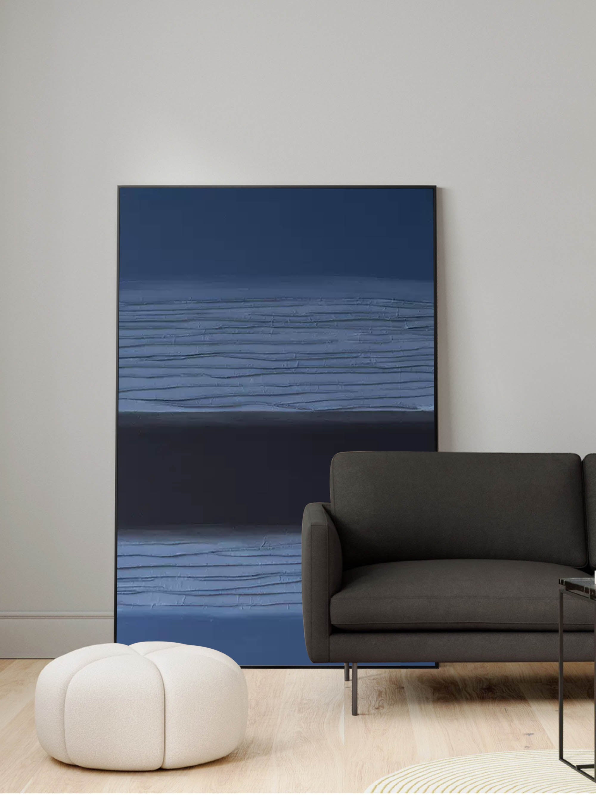 Modern Blue and Black Minimalist Oil Painting – Textured Abstract Art