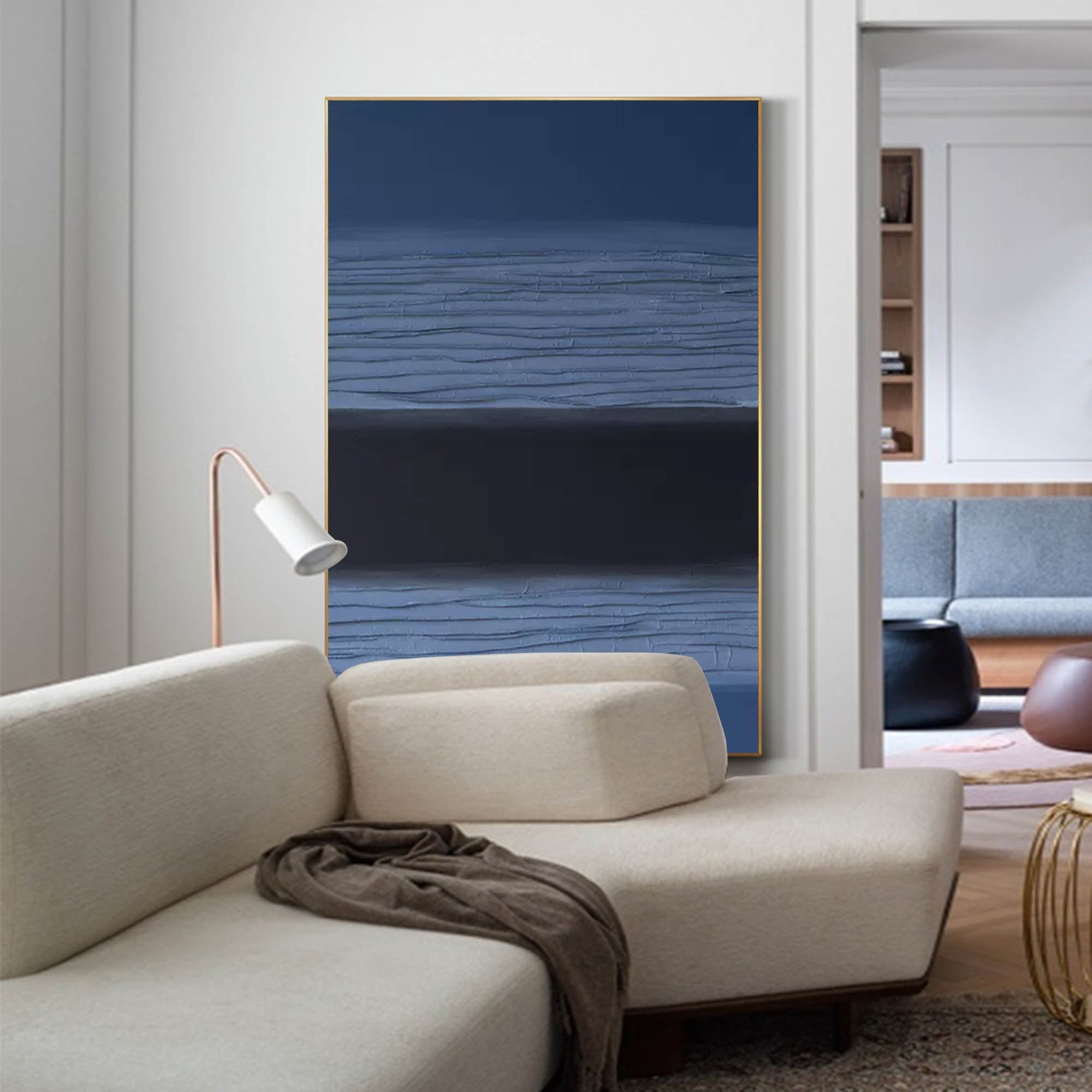 Modern Blue and Black Minimalist Oil Painting – Textured Abstract Art