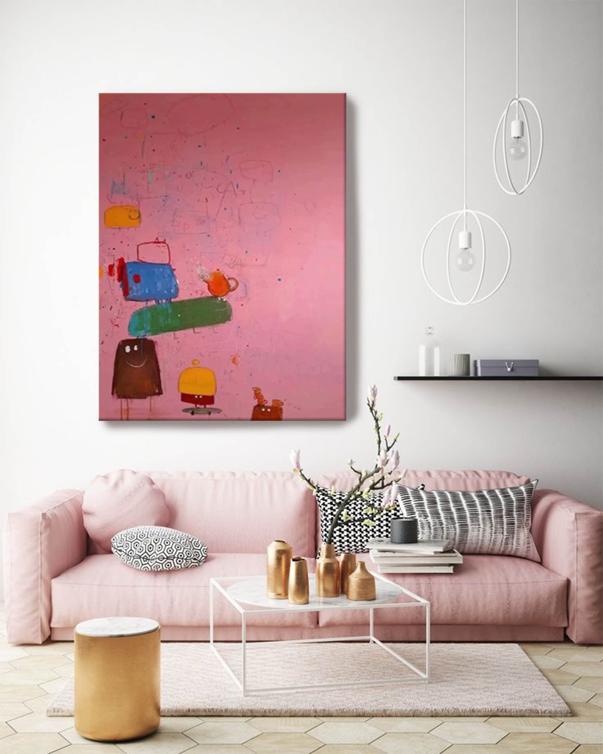 Playful Stacked Characters Pink Abstract Canvas Art