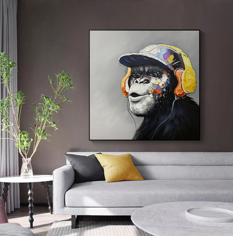 Monkey wearing headphones oil painting modern pop art style