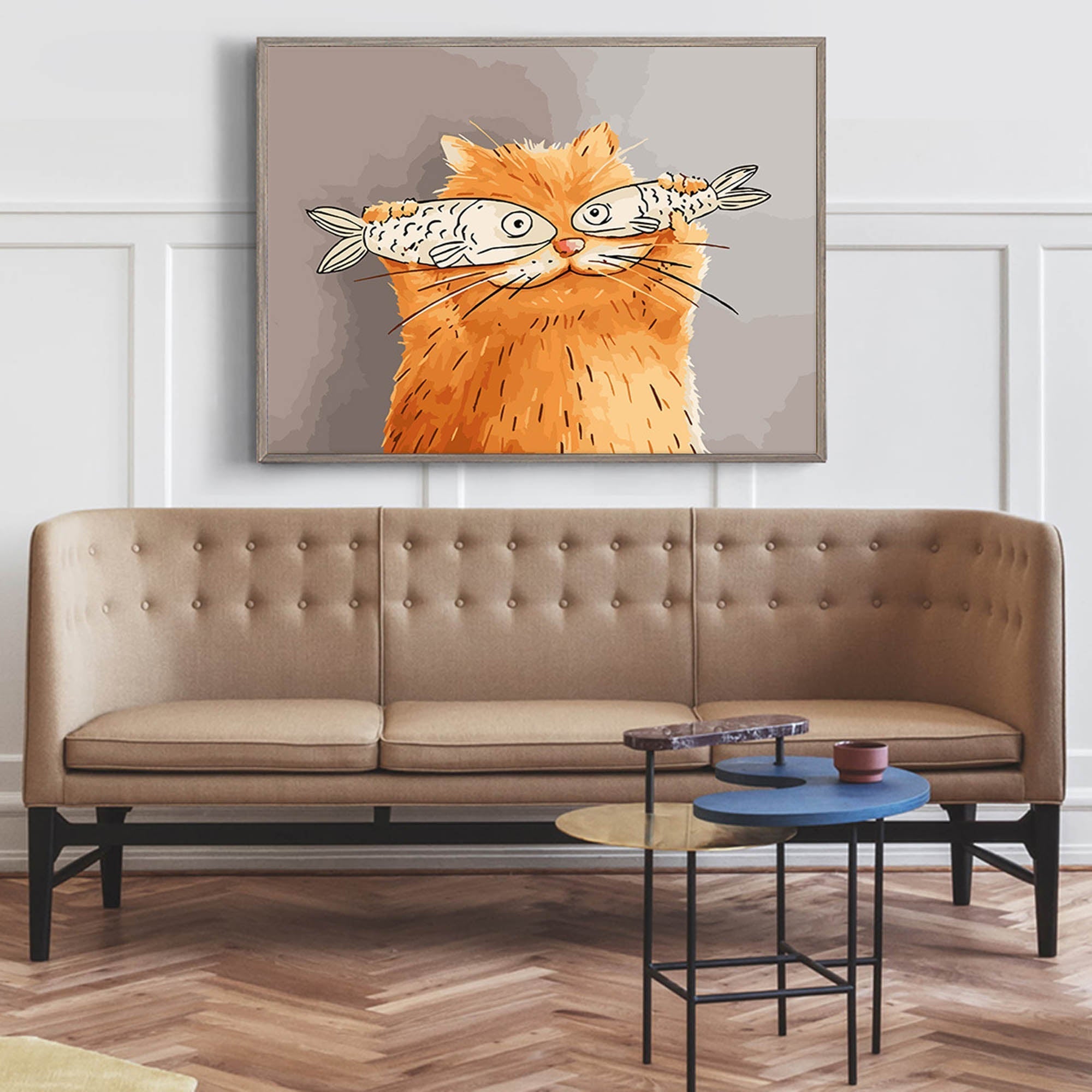 Whimsical Cat with Fish Art Print