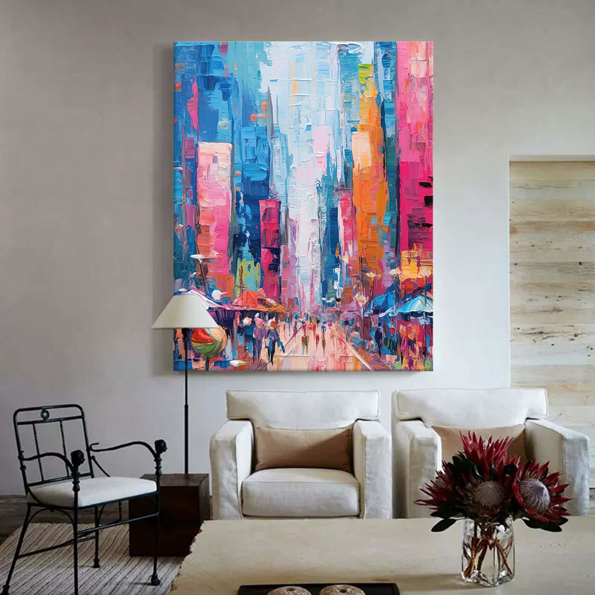 Vibrant City Skyline Oil Painting