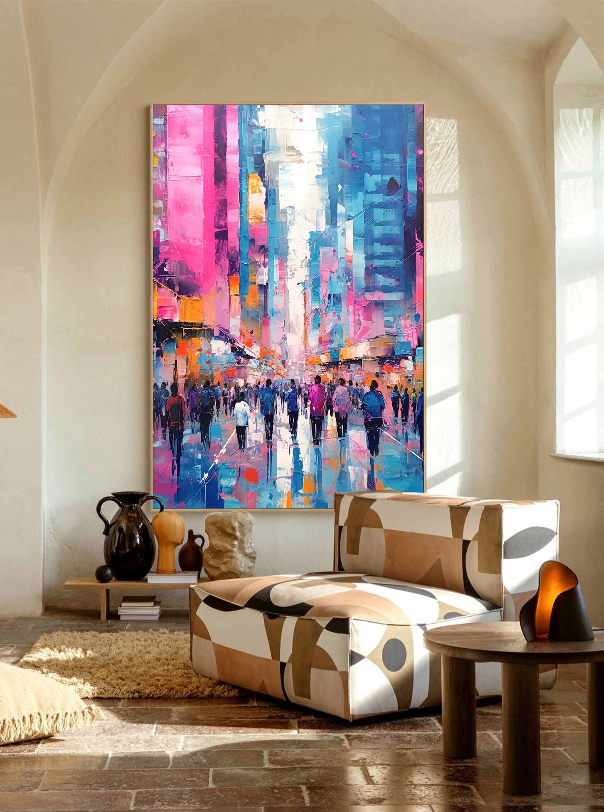 Vibrant Urban Crowd Abstract Oil Painting