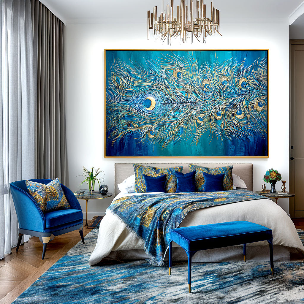 Radiant Feather - Textured Blue and Gold Abstract Oil Painting