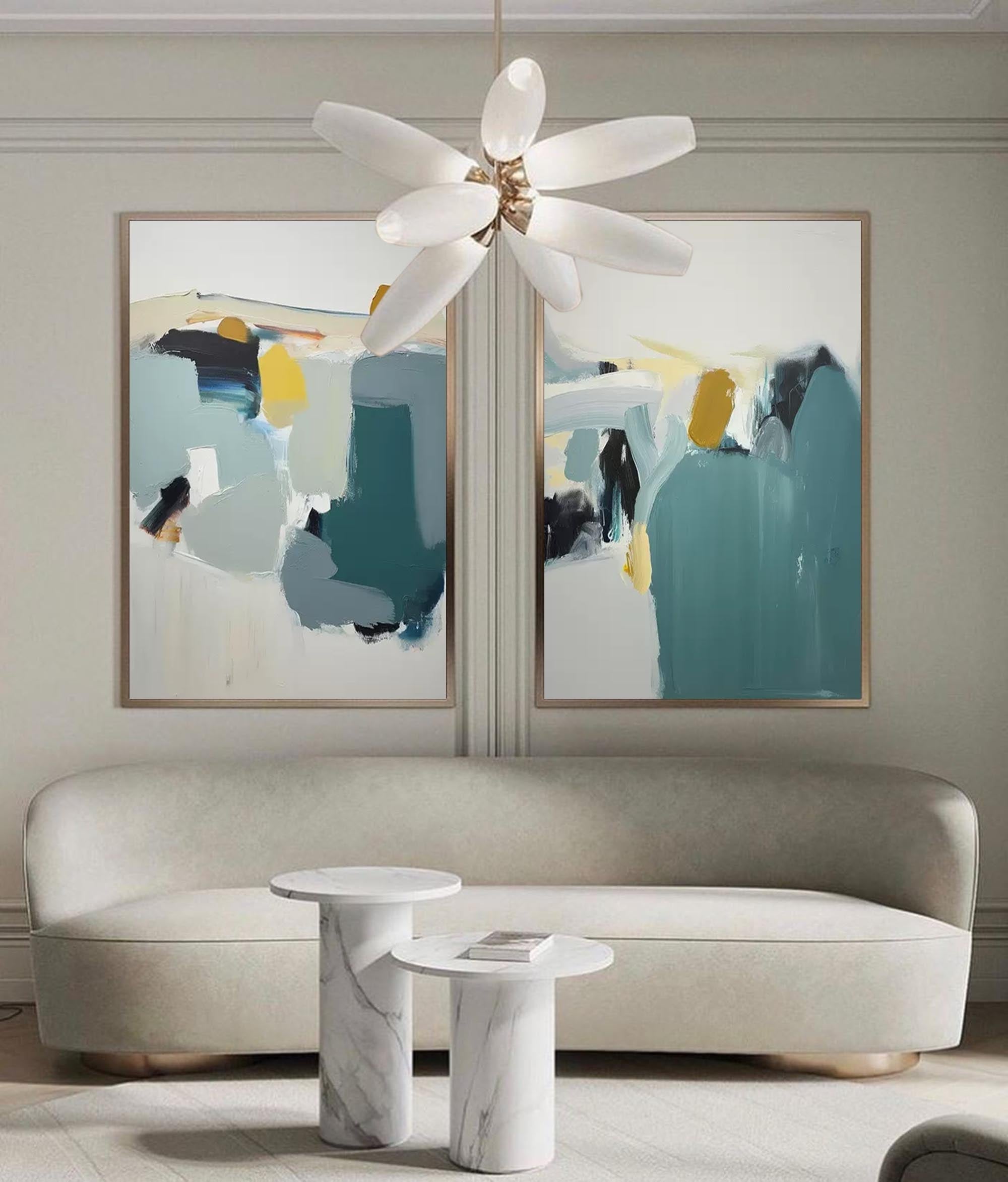 Abstract Diptych in Teal and Gold